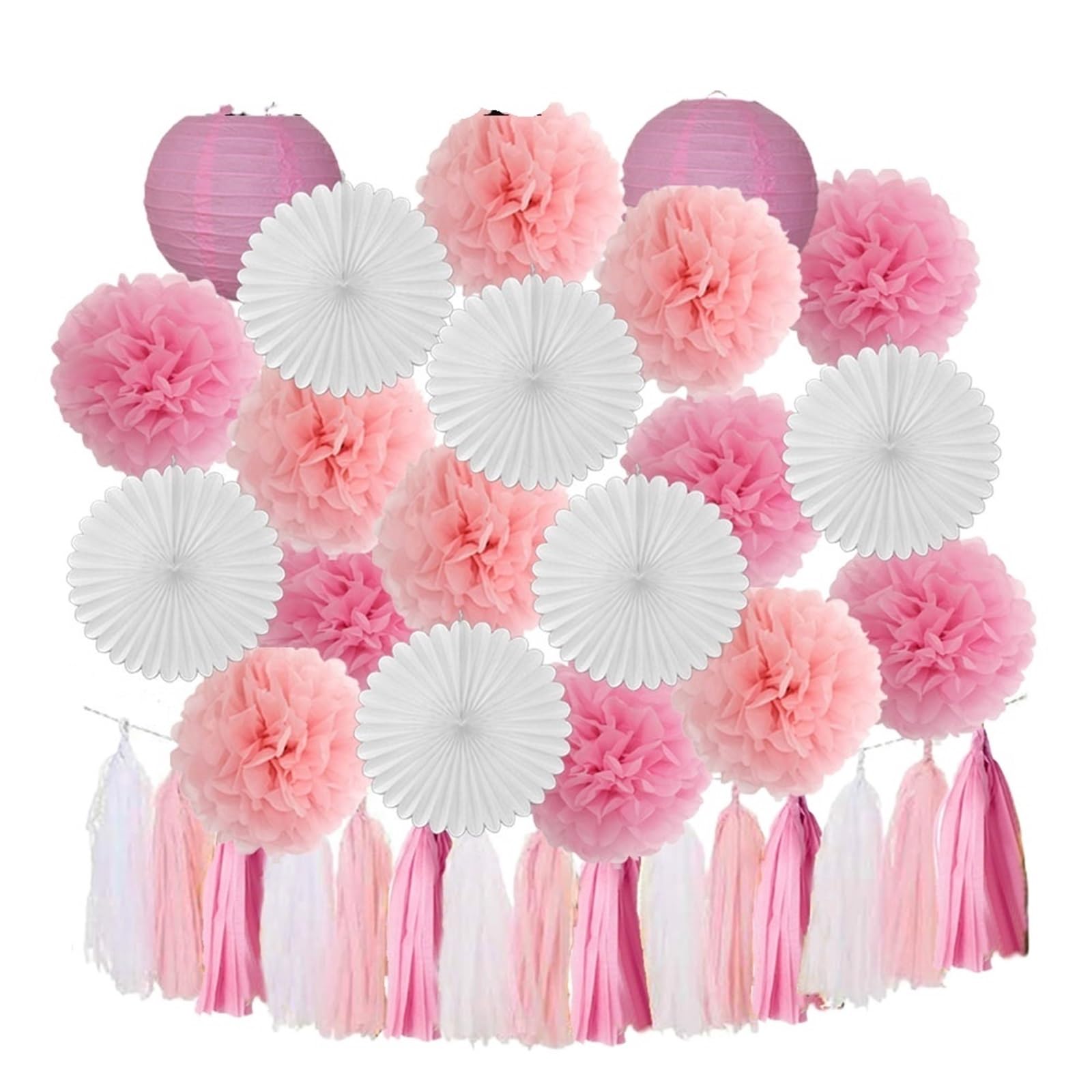 Paper Lanterns Boy Birthday Party Favor Hanging Paper Lantern Fan Wedding Decor Blue White Set Tissue Pompom Tassel(Pink Set)