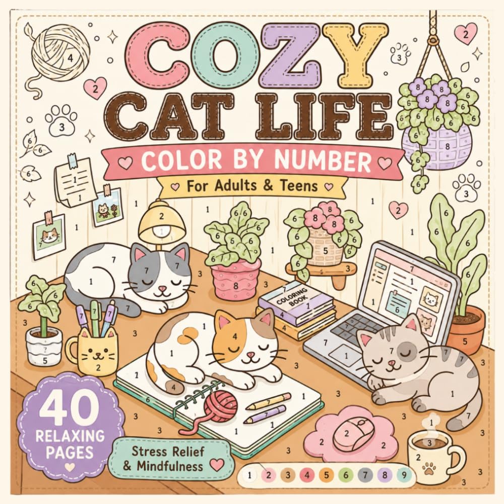 Cozy Cat Life Color by Number for Adults and Teens: 40 Cute and Cozy Cat Coloring Pages for Relaxation, Stress Relief, Mindfulness, and Fun