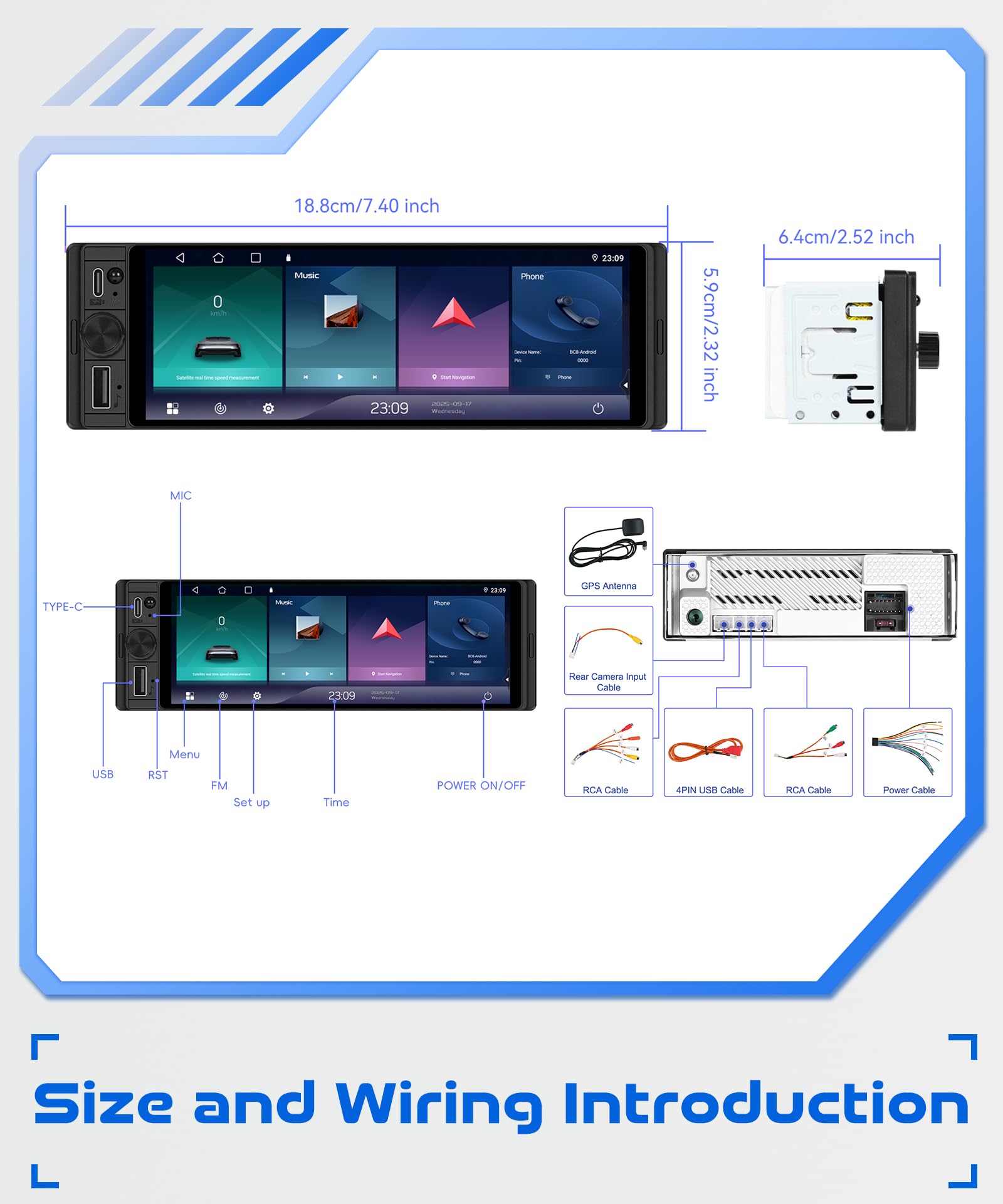Rimoody Radio samochodowe 2 + 64 GB 1 DIN Android 15-6,28 cala INCELL ekran dotykowy, bezprzewodowy CarPlay/Android Auto, GPS, FM/RDS/EQ Mirror Link, sterowanie za kierownicą, kamera cofania