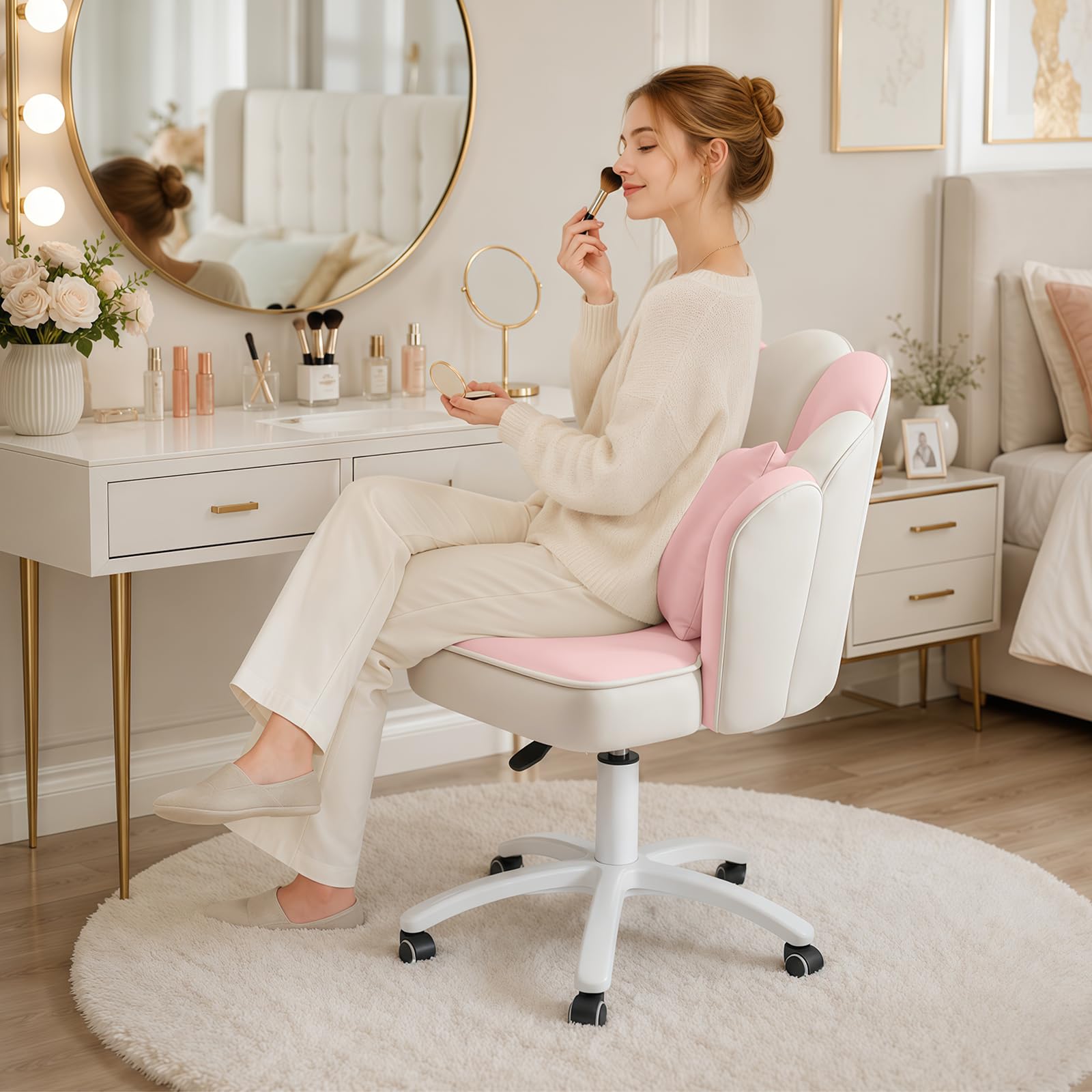 Sedia Vanity Velluto Petalo - Sedia da Scrivania Moderna Imbottita e Trapuntata con Schienale,Sedia da Ufficio Regolabile in Altezza per Camera da Letto e Soggiorno(Rosa e Bianco)