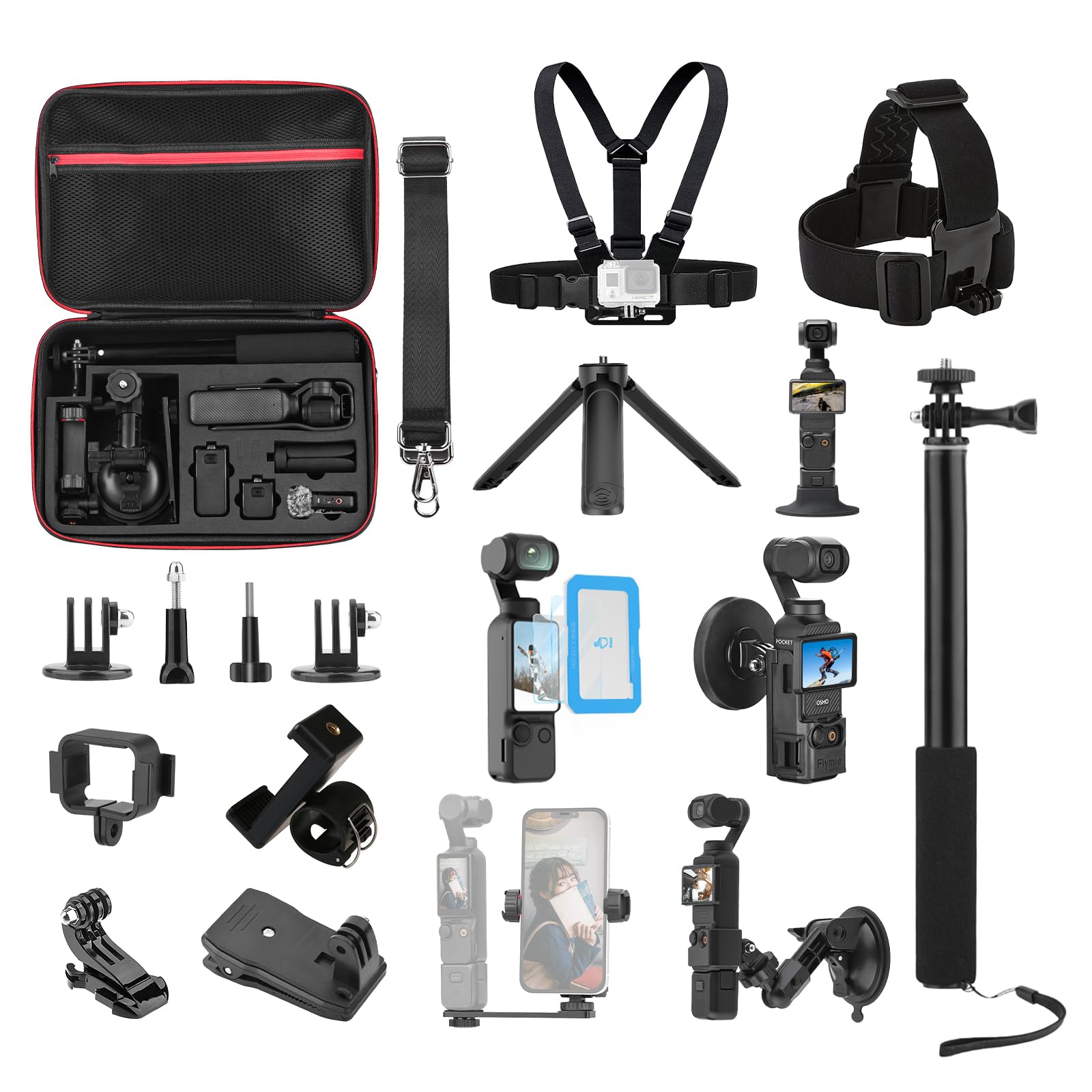 BRDRC 22 in 1 Pocket 3 Accessories Kit, Including Hard Case, Suction Car Mount, Tripod, Magnetic, Desktop Base, Selfie Stick, Chest Head Strap, Pocket
