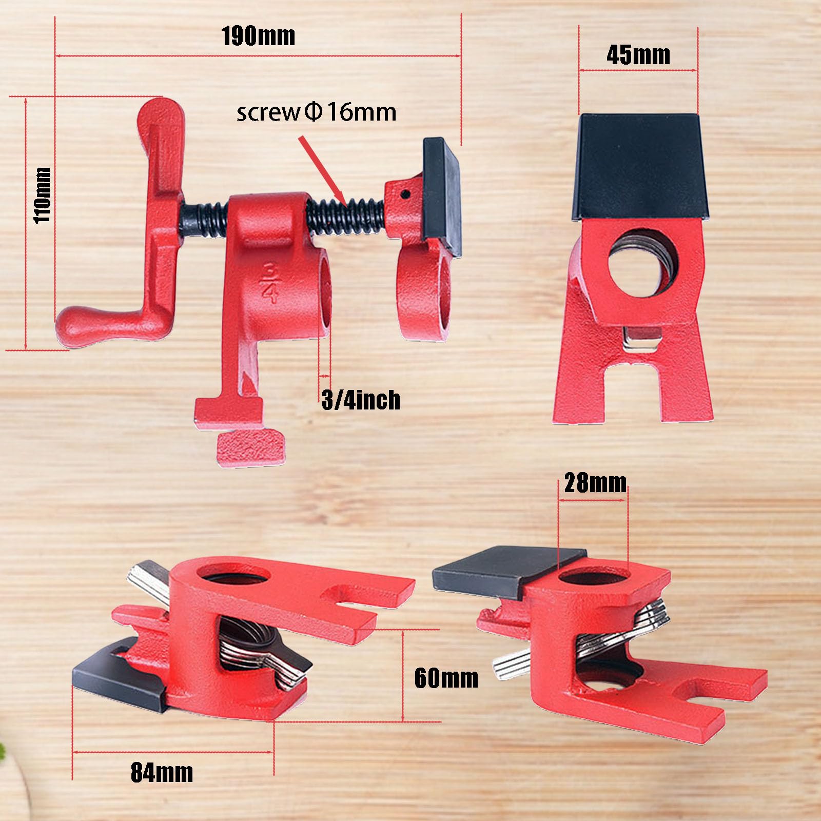 DURDUR 4 Pièces Colliers de Serrage à Vis pour Tuyaux 3/4", Jeu de Colliers de Serrage à Vis en Fonte Malléable pour Ensemble de Montage de Cadre de Porte, Pince à Dégagement Rapide, Etau, Pince à Co