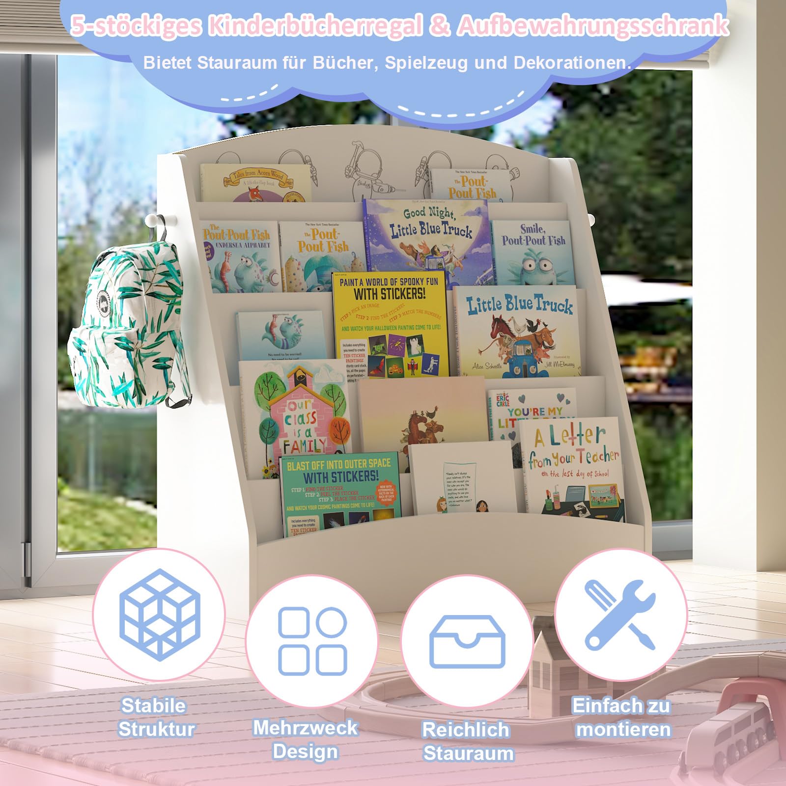 KEEPREAPER Kinder Bücherregal mit 5 offenen Fächern und Haken, Kinderregal Holz, Montessori Aufbewahrungsregal für Kinderzimmer, 80x30x75cm (Weiß)