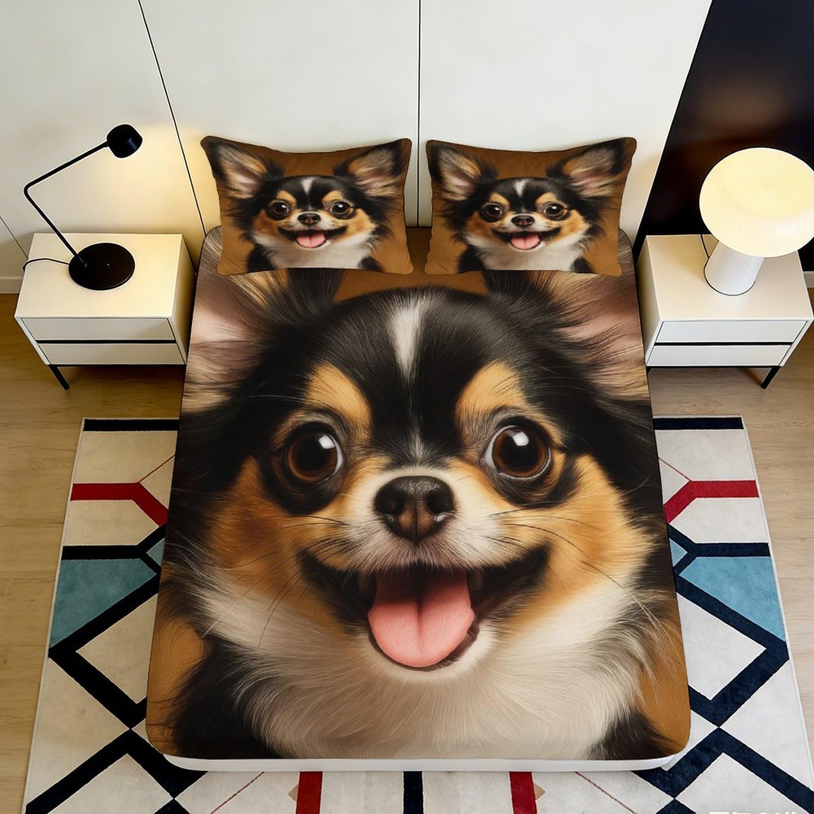3D Printed Cute Chihuahua Fitted Sheet Microfiber Soft Anti-Slip Mattress Cover for Bedroom Dorm Pet Dog Lovers Decor 200x200x25cm