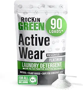 Rockin' Green Laundry Detergent, Plant based, All Natural Laundry Detergent Powder, Vegan and Biodegradable Odor Fighter, Safe for Sensitive Skin (Active Wear 90 Loads - Unscented)