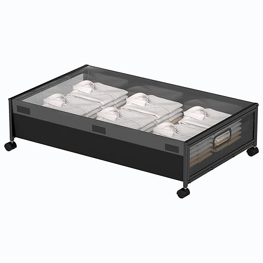 QUELIEN Under Bed Storage with Wheels – Large Rolling Underbed Storage Containers and Drawers, Shoe Organizer Box for Clothes, Toys, Blankets (Black, 1 Pack)