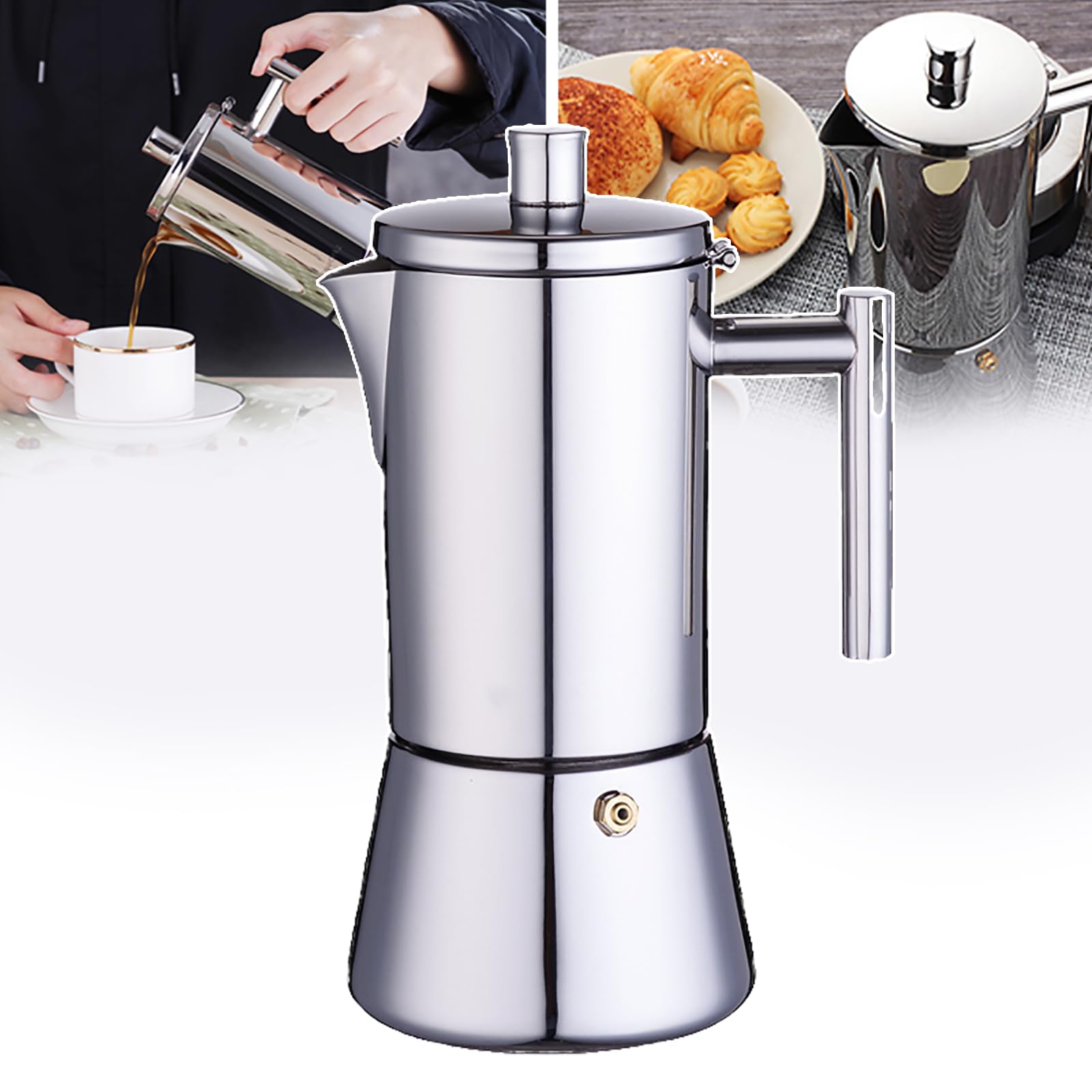 Olla Moka/Olla Espresso, 4/6/ 10 Tazas Opcionales, Anti-escaldaduras (Mango/Tapa)+ Boquilla Prueba Fugas/No Es Fácil Salpicar, con Juntas Silicona, para Escuela, La Oficina,500ml