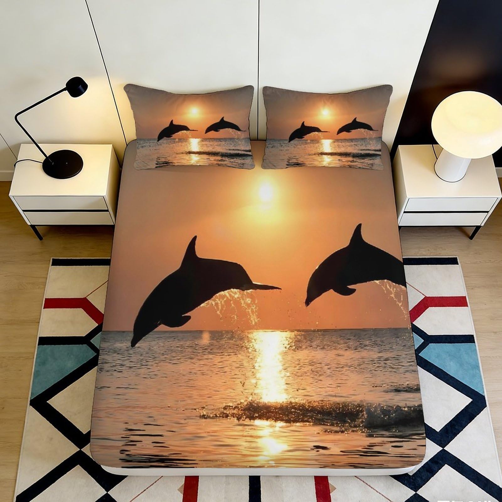 3D Printed Sunset Dolphin Fitted Sheet Microfiber Anti-Slip Bed Cover Ocean Jump Mattress Protector Decor 120x200cm 140x200x25cm