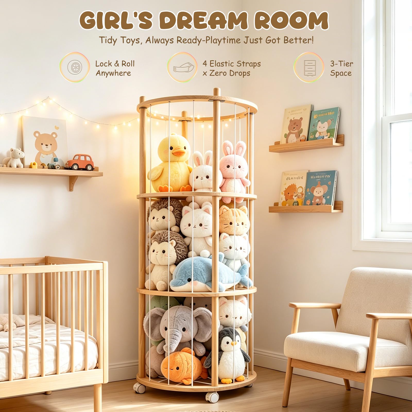 Rangement Peluches En Bois,Range Peluches Avec Roues Équipées De Freins 360° Grande Capacité 137 X 51 X 51 Cm,Rangement Doudou Pour Chambres D'Enfants,Salles De Jeux,Salons