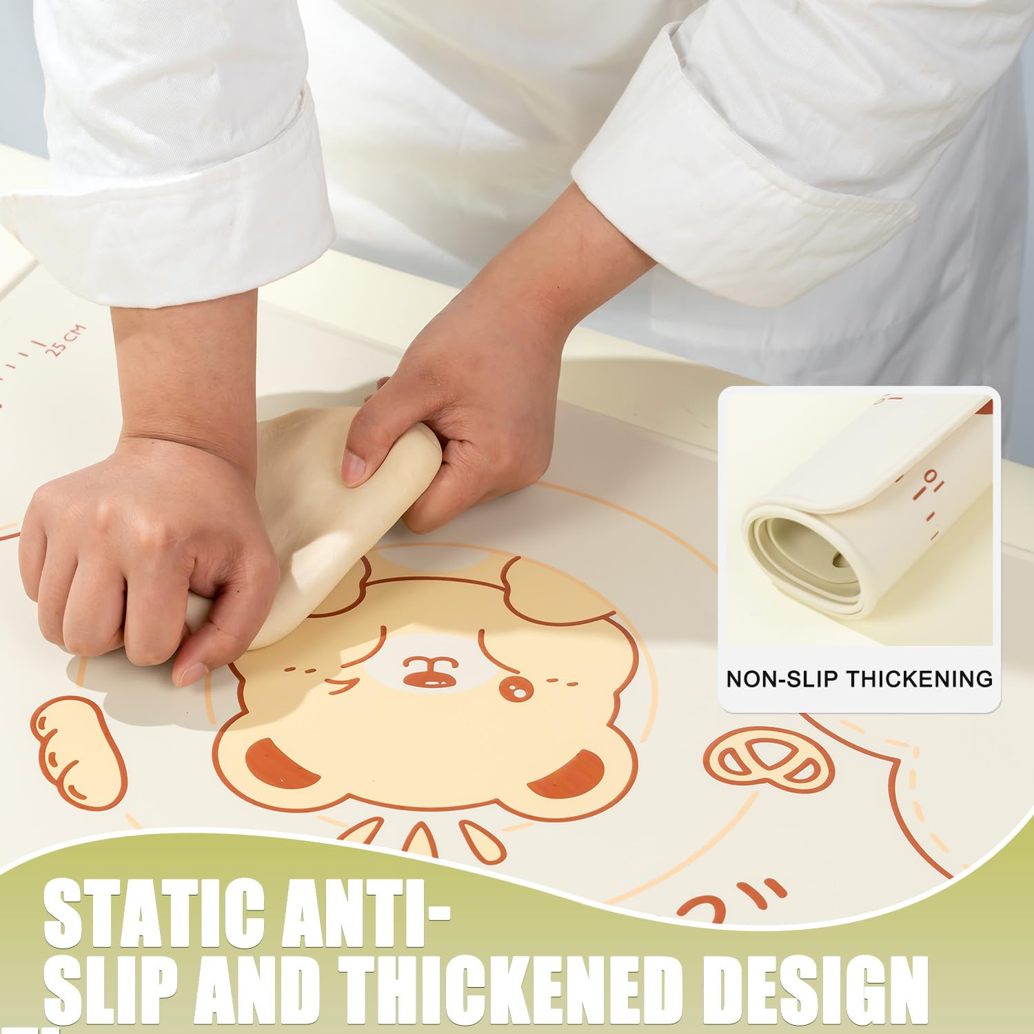 QELEG Antihaft-Silikon-Backmatte, 61 x 40,6 cm, rutschfeste Gebäckmatten, wiederverwendbar, Silikon, Teigmatte mit Messern und Kantenhöhe, Beige