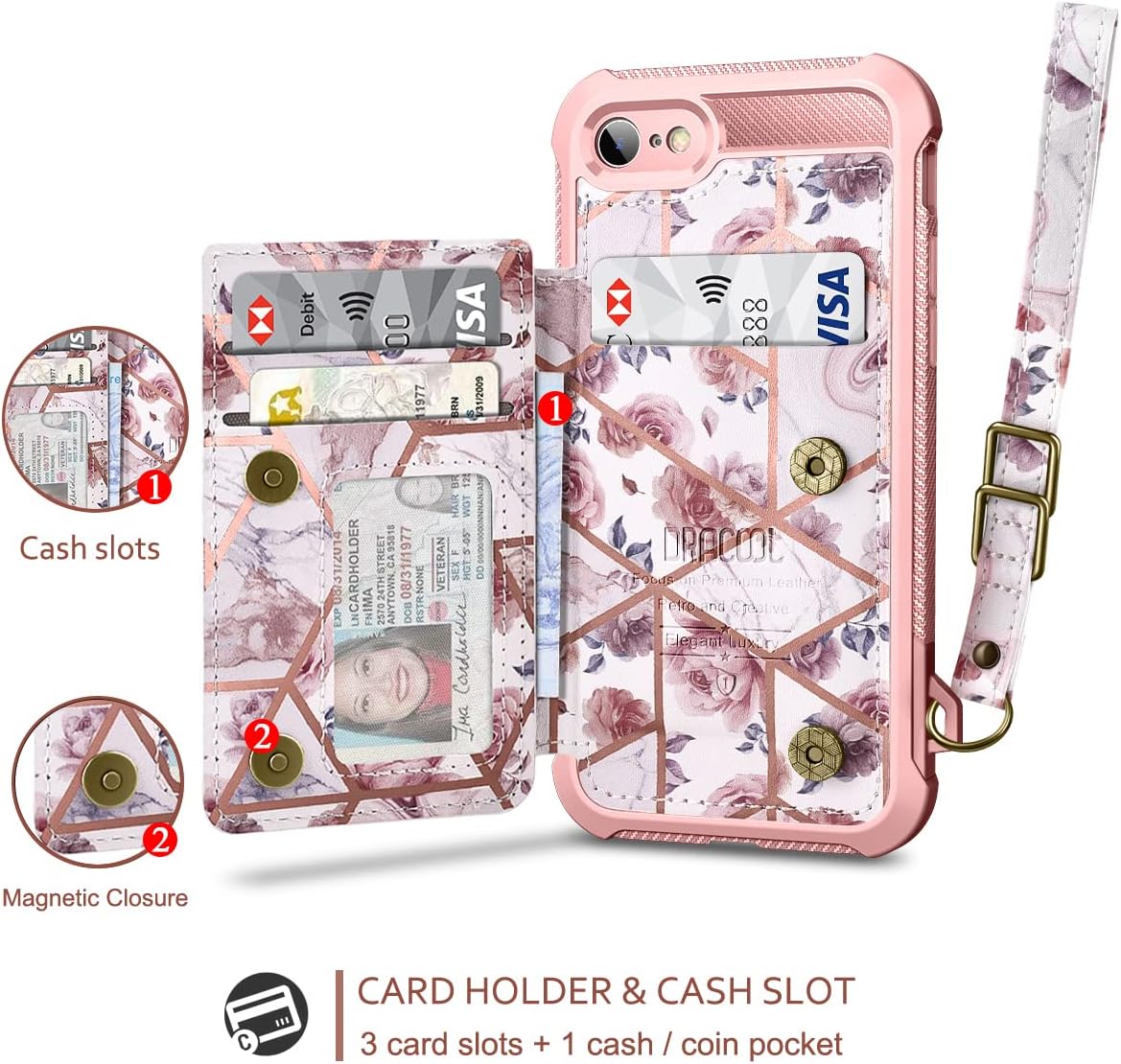 Dracool Compatible with iPhone SE (2020)/ iPhone 8/ iPhone 7 Wallet Case Flip Cover with Card Holder Slots Screen Protector for Women Girls Leather Magnetic Strap Marble Floral Flower Rose Gold