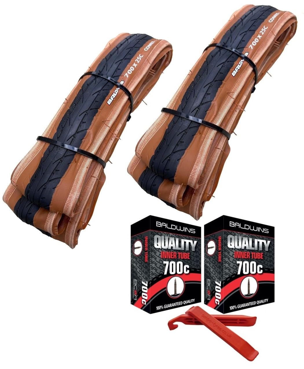 PAIR Baldys COMET 700 x 25c BROWN WALL Road Racing Bike Folding Tyres & Presta Valve Inner Tubes (25-622) (Pack of 2)
