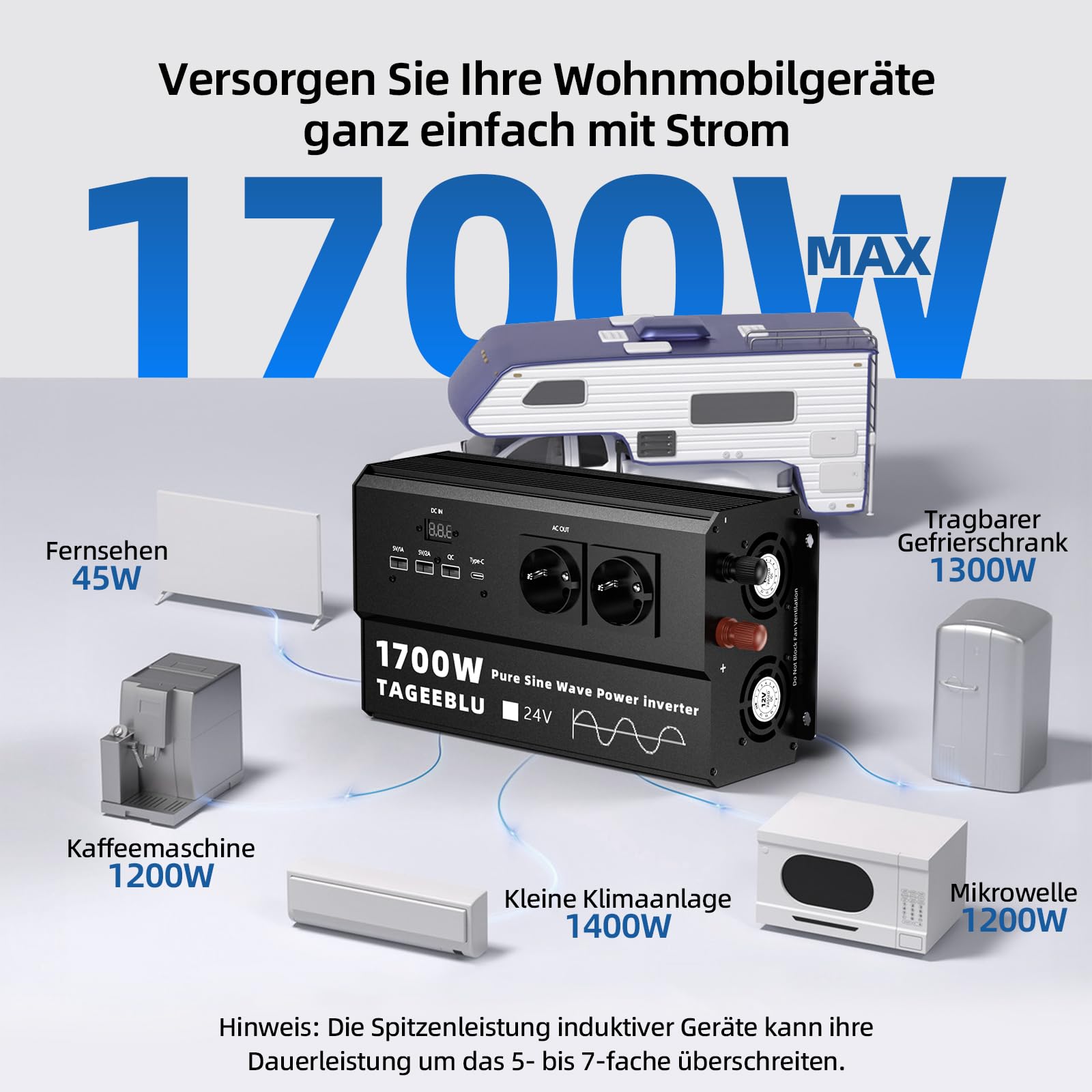 1700W inverter 24v 220v Onda Pura con Display LCD, 4 EU Presa, 4 ports USB et Tipo C 30W