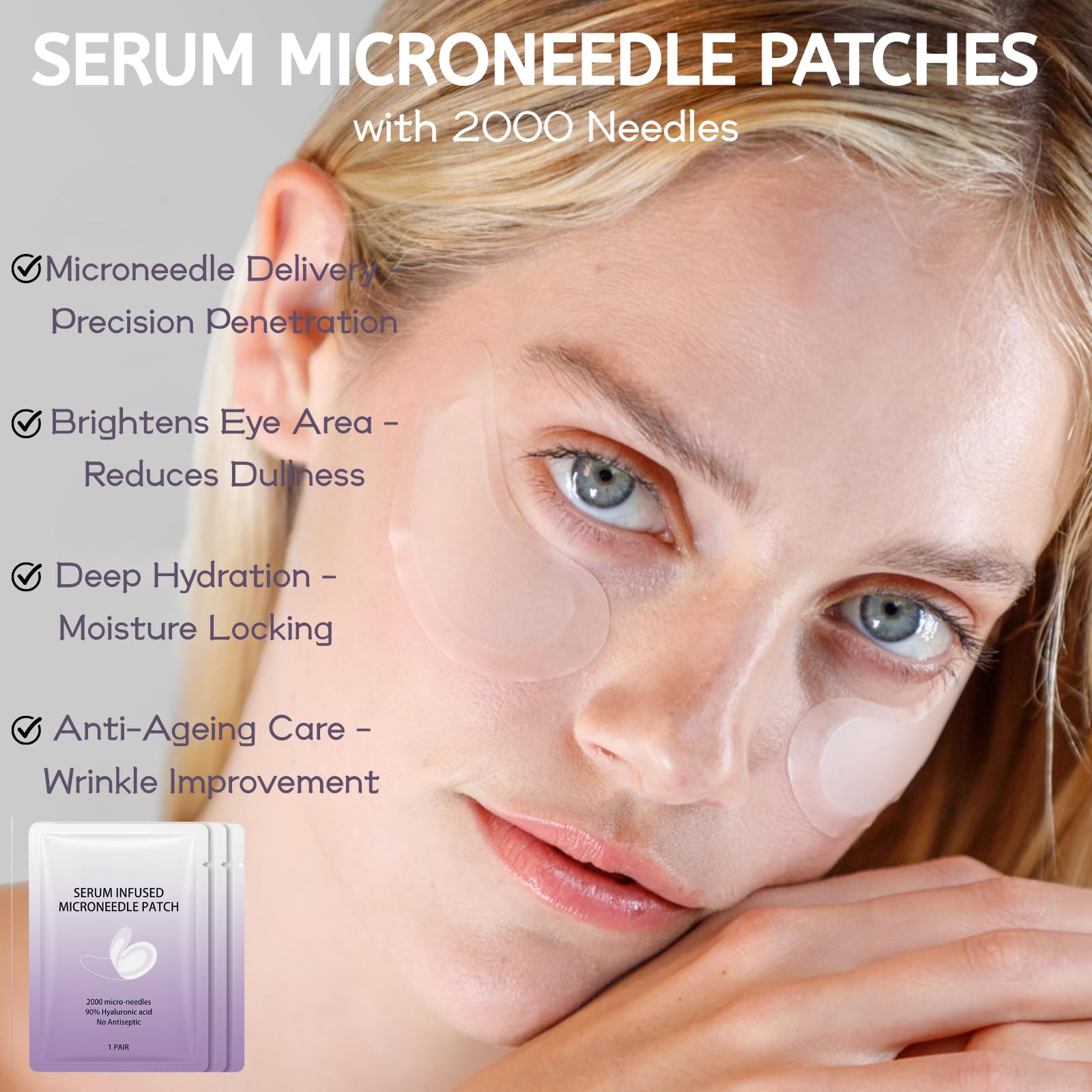 Serum Microneedle Patches with 2000 Needles, Microneedle Patches for Eyes Anti-Wrinkle Under Eye Masks with Hyaluronic Acid - Image 2