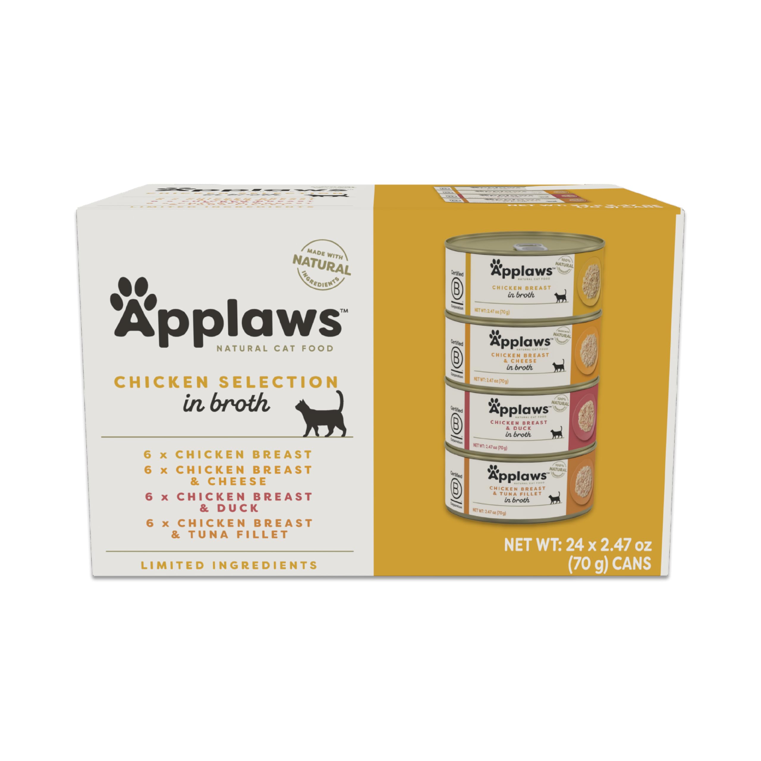 Applaws Natural Wet Canned Cat Food, Limited and Natural Ingredients, High Protein with No Artificial Additives, Chicken Selection Variety Pack in Broth (24 x 2.47oz Cans)