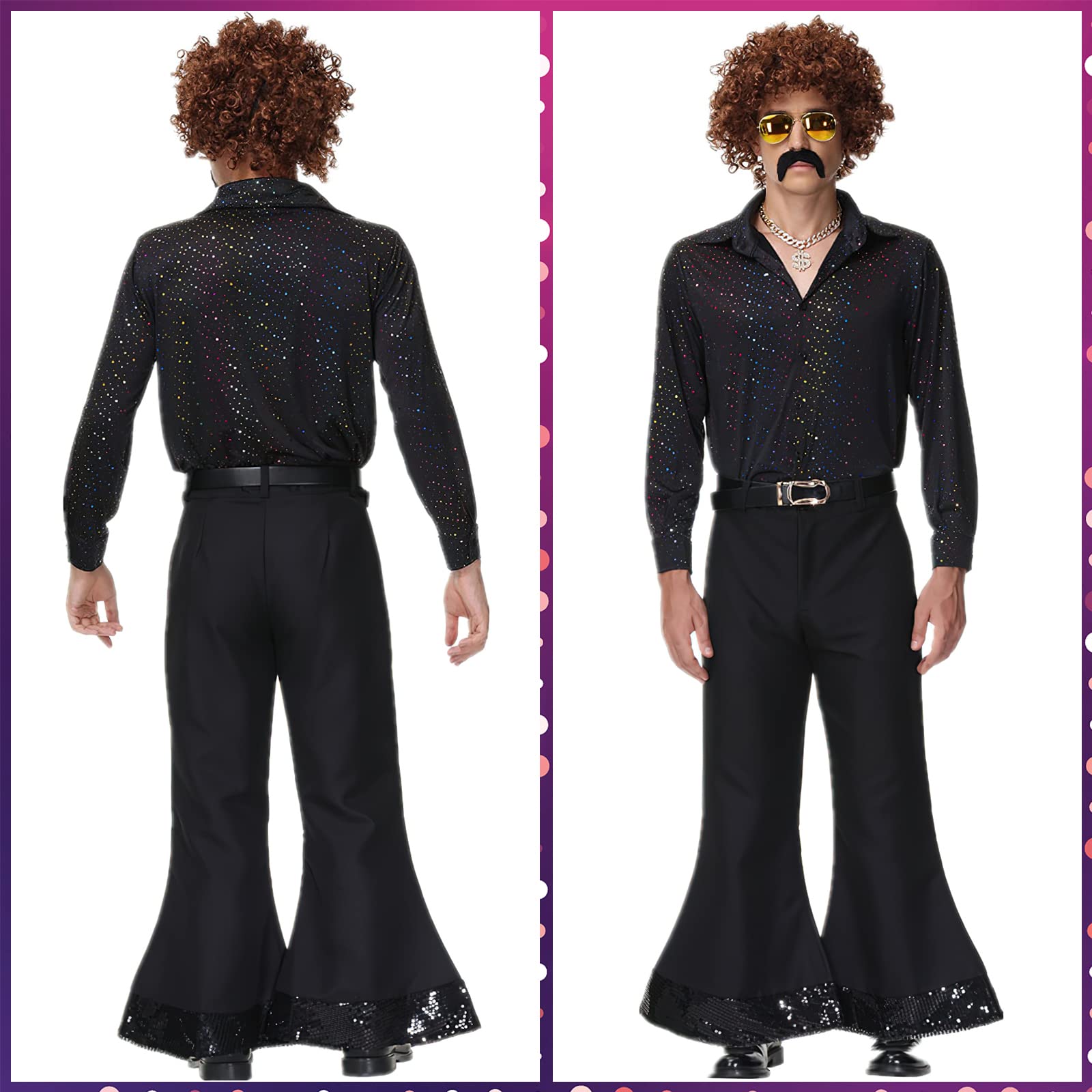PLULON Hommes 70s Disco Costume Mec Chemise à Paillettes Cloche Bas Pantalon Ensemble avec Perruque Lunettes de Soleil Moustache Dollar Signe Chaîne Anneau Disco Accessoires