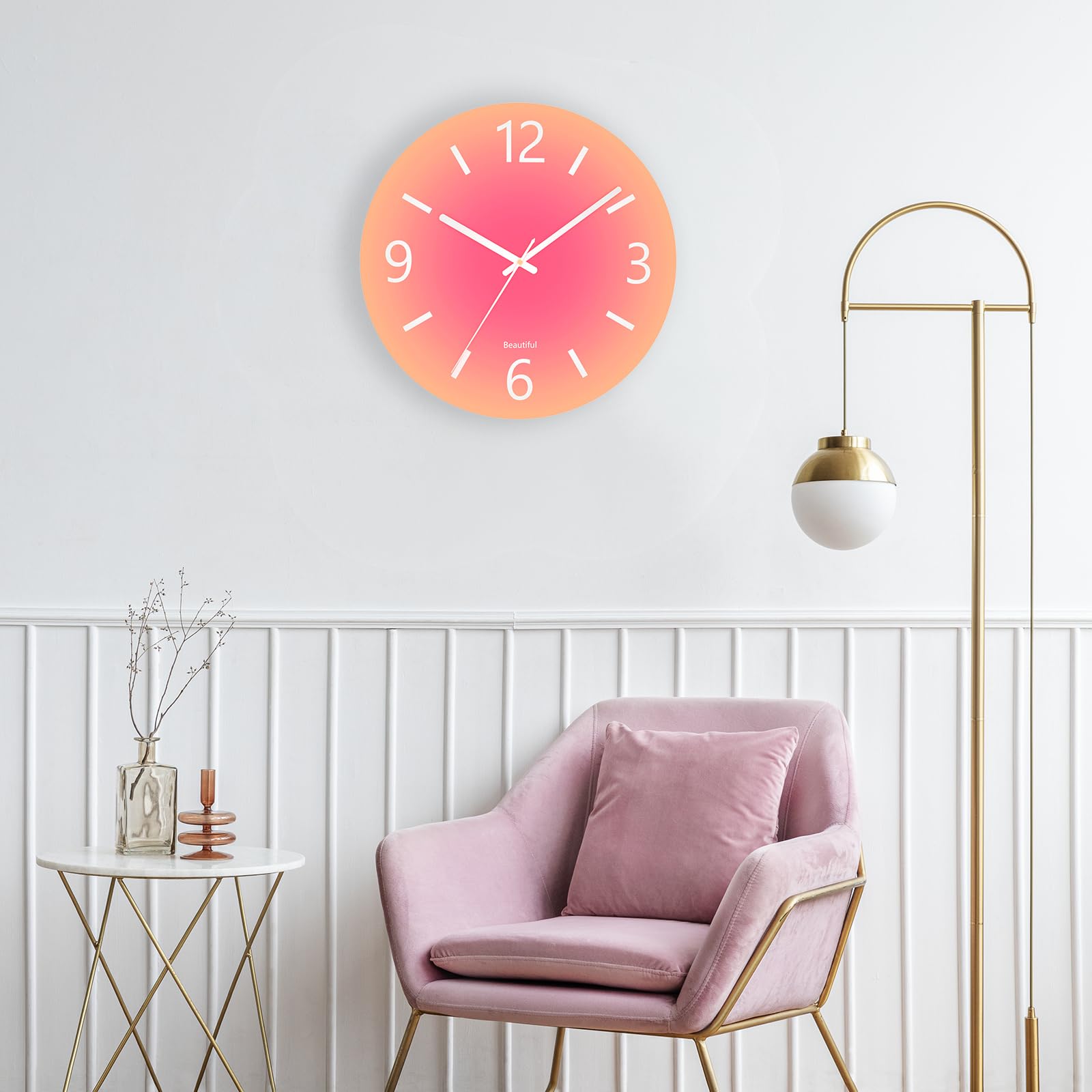 Grande horloge murale en verre trempé, 35,6 cm, horloge décorative ronde moderne pour cuisine/salle de bain/salon, style simple, fonctionne à piles, horloge intérieure et extérieure – Orange