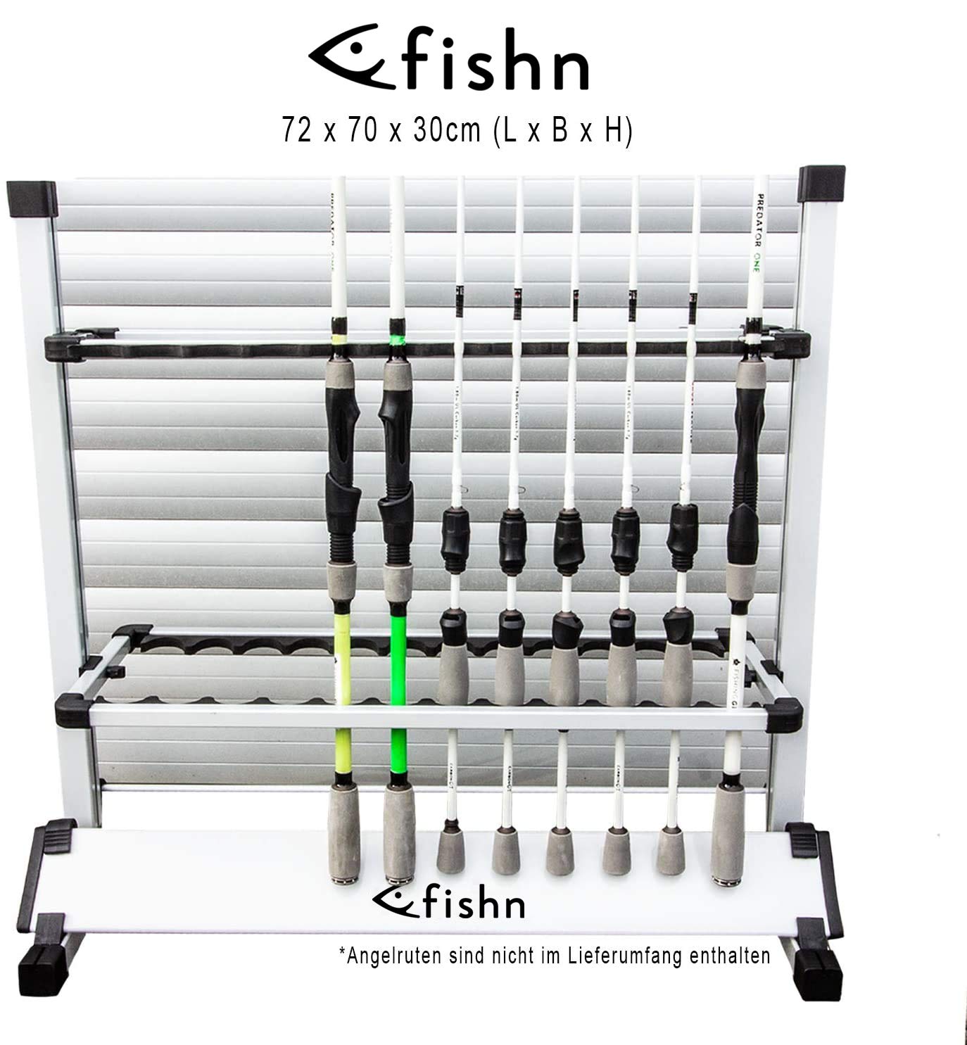 FISHN Asta di Supporto per 24 canne da Pesca in Alluminio di Alta qualità, portacanne, Porta Canna da Pesca - 72 x 70 x 30 cm (Grigio/Argento)