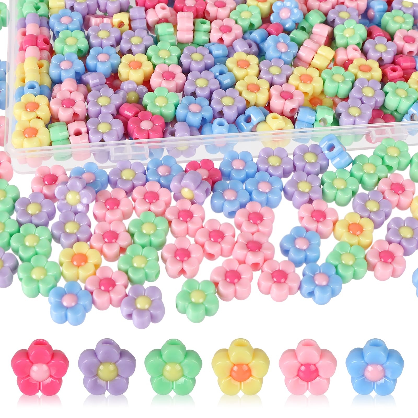 BENOSPACE 200Pcs Large Size Acrylic Flower Beads Five Petal Flower Charms Multicolor Floral Spacer Beads for Jewelry Making Handmade Craft Supplies Accessories DIY Necklace Keychain Bracelet Lanyard