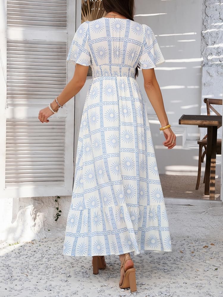 Image of Boho Floral Maxi Dress for Women 2026 Empire Waist Short Sleeve Dresses Summer Beach Vacation Wedding Guest Outfit