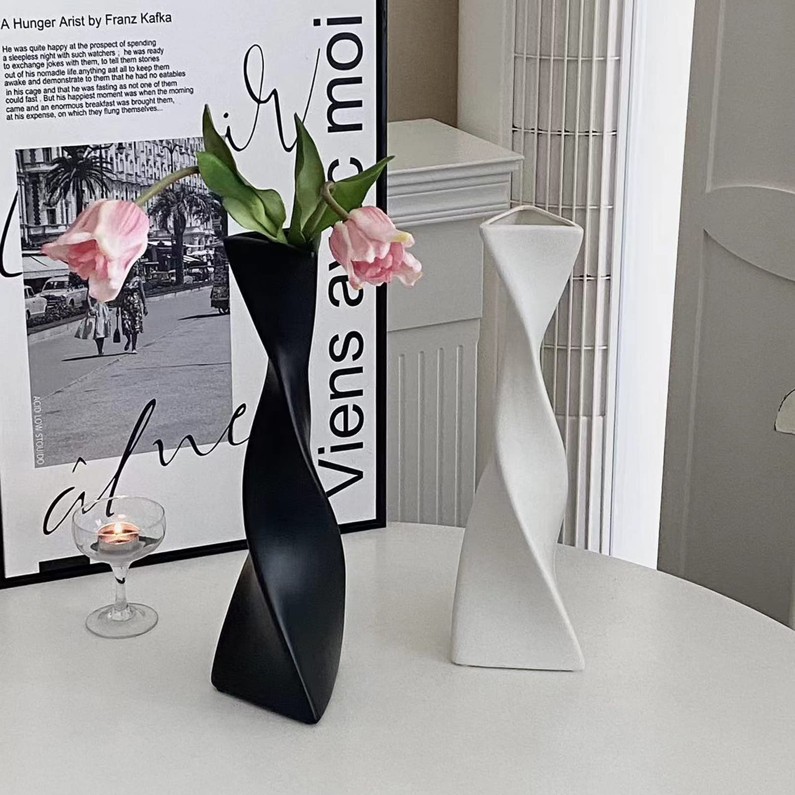 Cutfouwe Schwarze/Weiße Vase-Große Bodenvase-2er Set Moderne Keramik Vase für Pampasgrasfür Wohnzimmer, Küche, Tisch, Hochzeit oder als Geschenk, Höhe 40 cm,Vasen Set