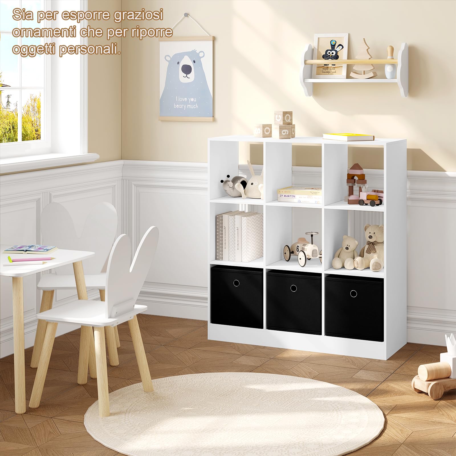 WOLTU Libreria Bianca, Libreria a 9 Cubi Portaoggetti, Scaffale in Legno con 3 Cassetti in Tessuto Non Tessuto, per Soggiorno, Camera da Letto, Ufficio, 80x30x86,5 cm, SK041ws