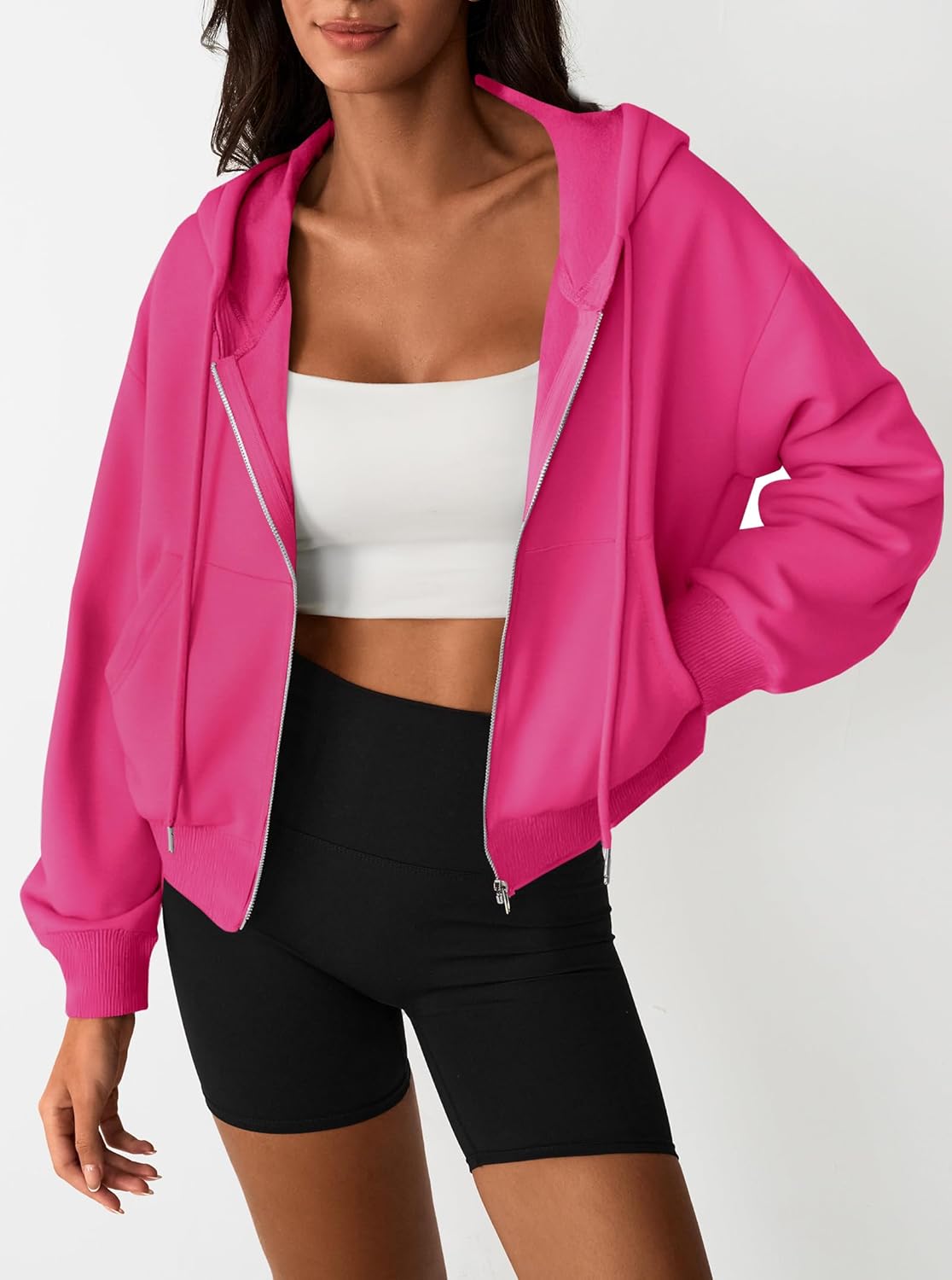 Hilinker Womens Cropped Zip Up Hoodie Drawstring Long Sleeve Crop Hooded Jacket with Pocket - Image 3