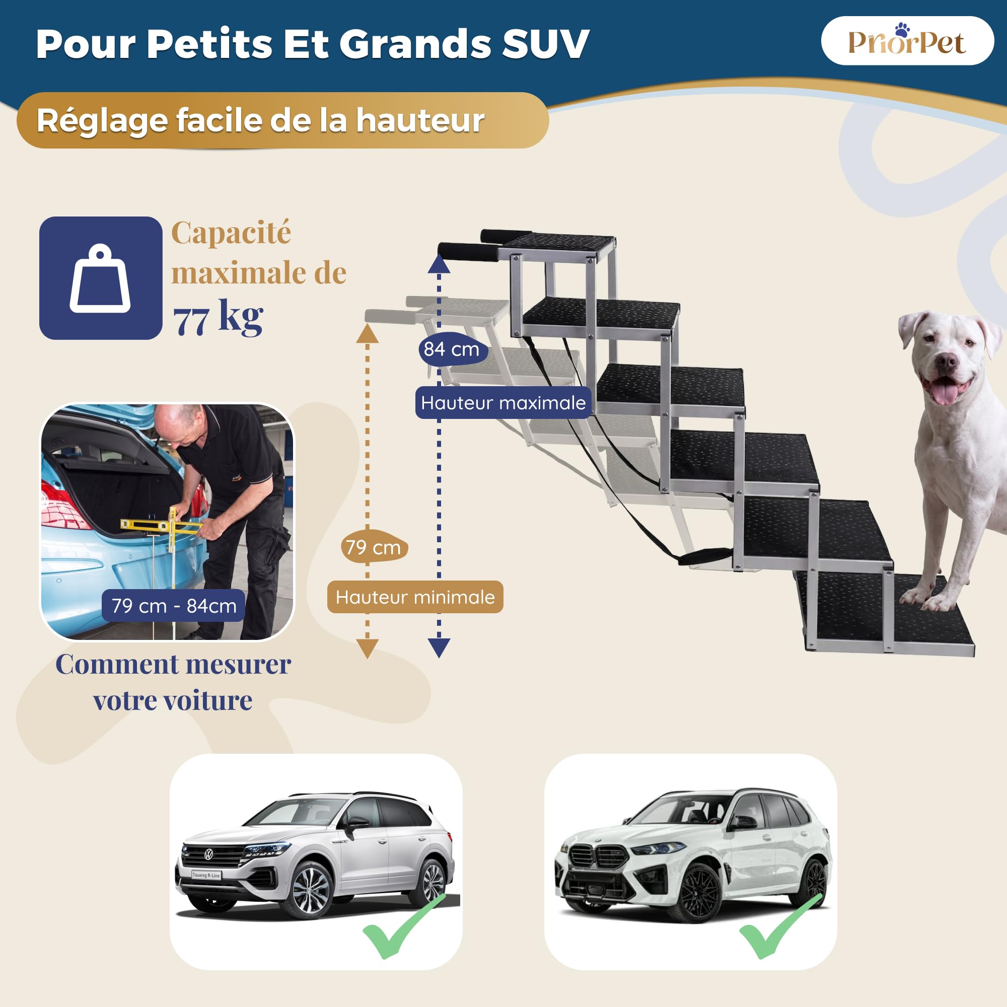 Escalier Chien Voiture Pliable – 4, 5 ou 6 Marches pour Coffres Bas ou Élevés (63–81 cm) – pour Petites Voitures, Breaks & SUV – Rampe Escalier Chien pour Monter sans Sauter