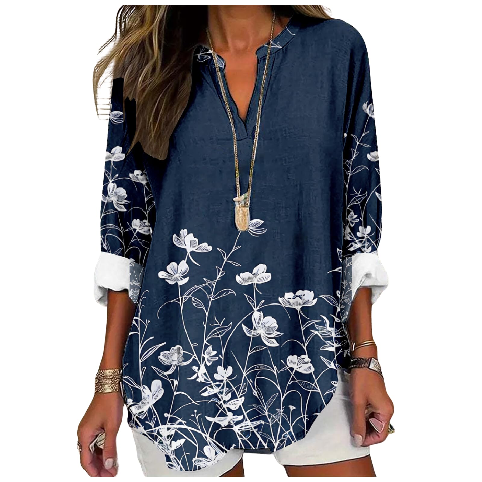 Womens Floral Boho Shirts V Neck Plus Size Tunic Tops 3/4 Long Sleeve T-Shirts for Women Blouses Dressy