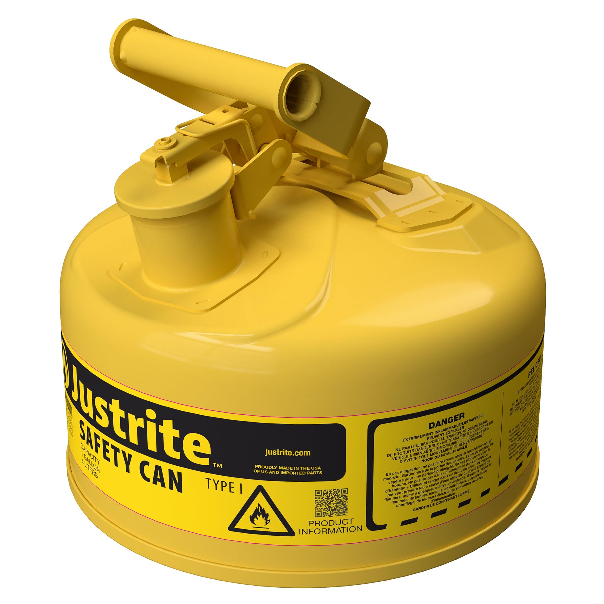 Justrite Type I Diesel Safety Can, Yellow Galvanized Steel, Made in the USA