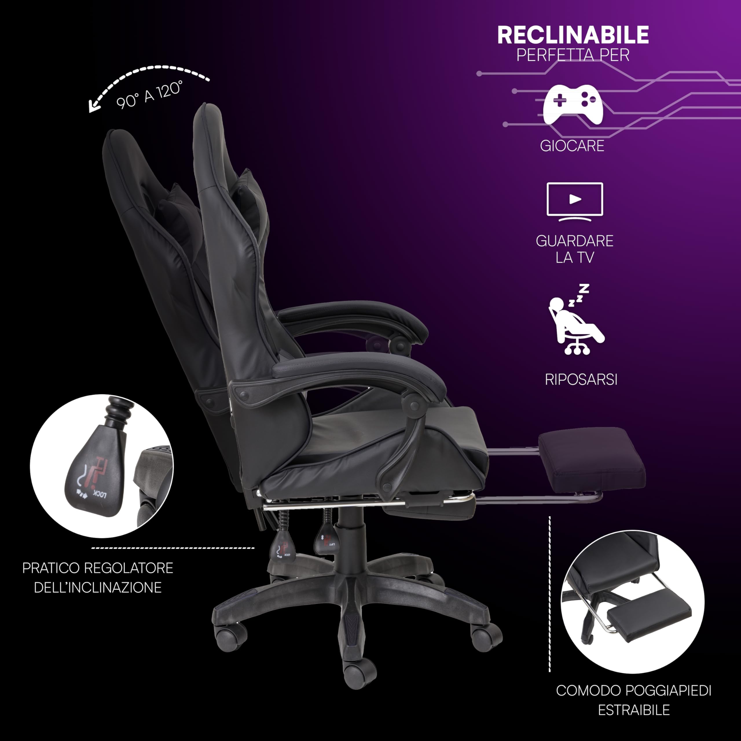 Baroni Home Sedia Gaming Ergonomica con Massaggiatore Lombare, Altezza Regolabile e Schienale Inclinabile, Sedia Ufficio con Comodo Poggiatesta e Poggiapiedi, in Soft Foam, Nero, 58x66x114-124 cm