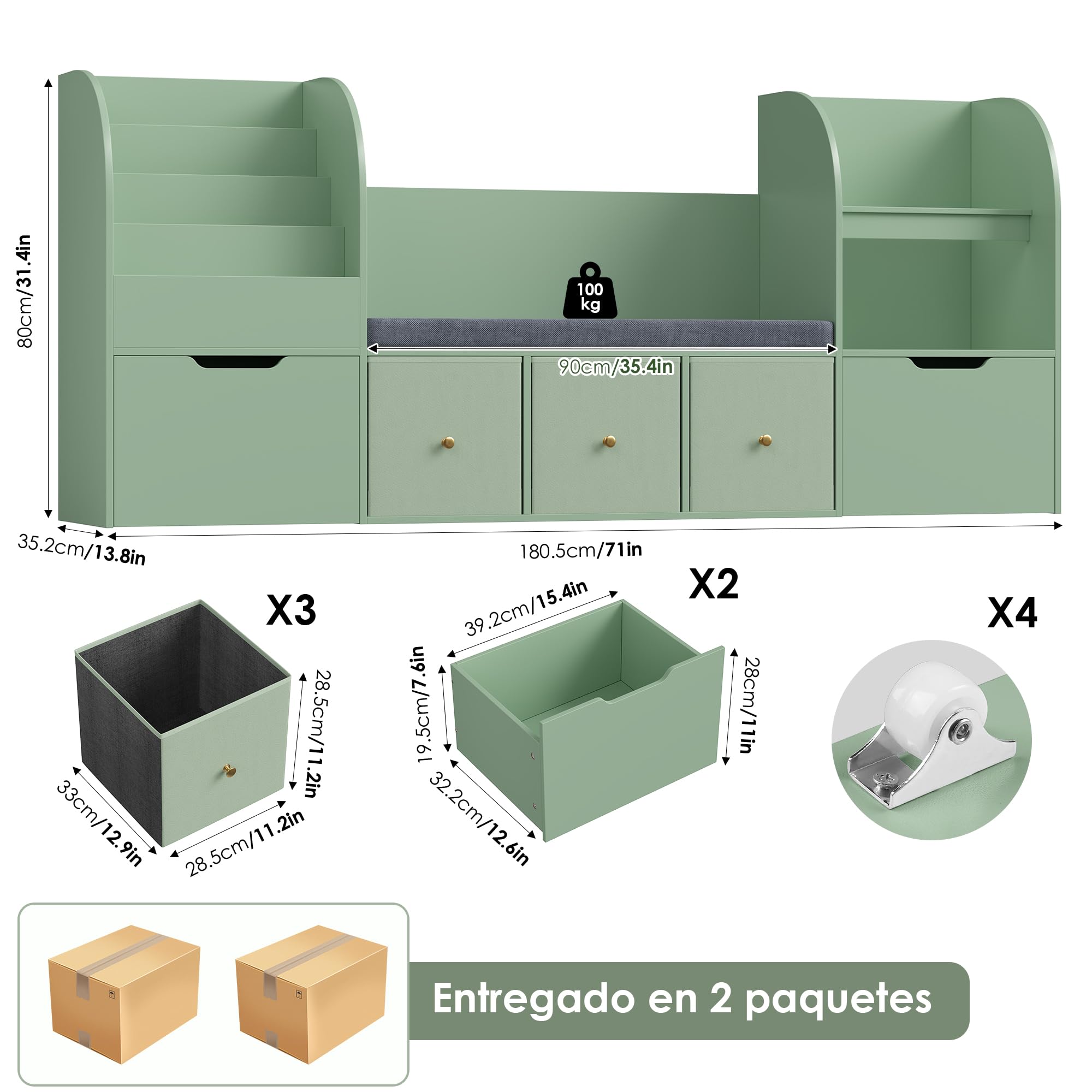 FOREHILL 181cm Organizador de Juguetes con Banco Infantil y Cojín Acolchado | Librería Infantil de 4 Niveles, 5 Cajones, 2 Estantes Abiertos, Mueble de Organización para Habitación Infantil Verde