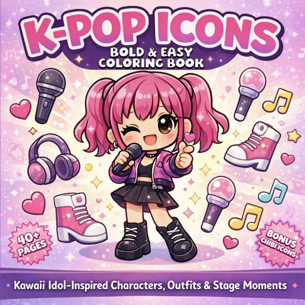 K-Pop Icons Bold & Easy Coloring Book: Kawaii Idol-Inspired Coloring Pages Featuring Cute Characters, Stylish Outfits, Music Themes & Relaxing Designs for Teens, Adults & K-Pop Fans