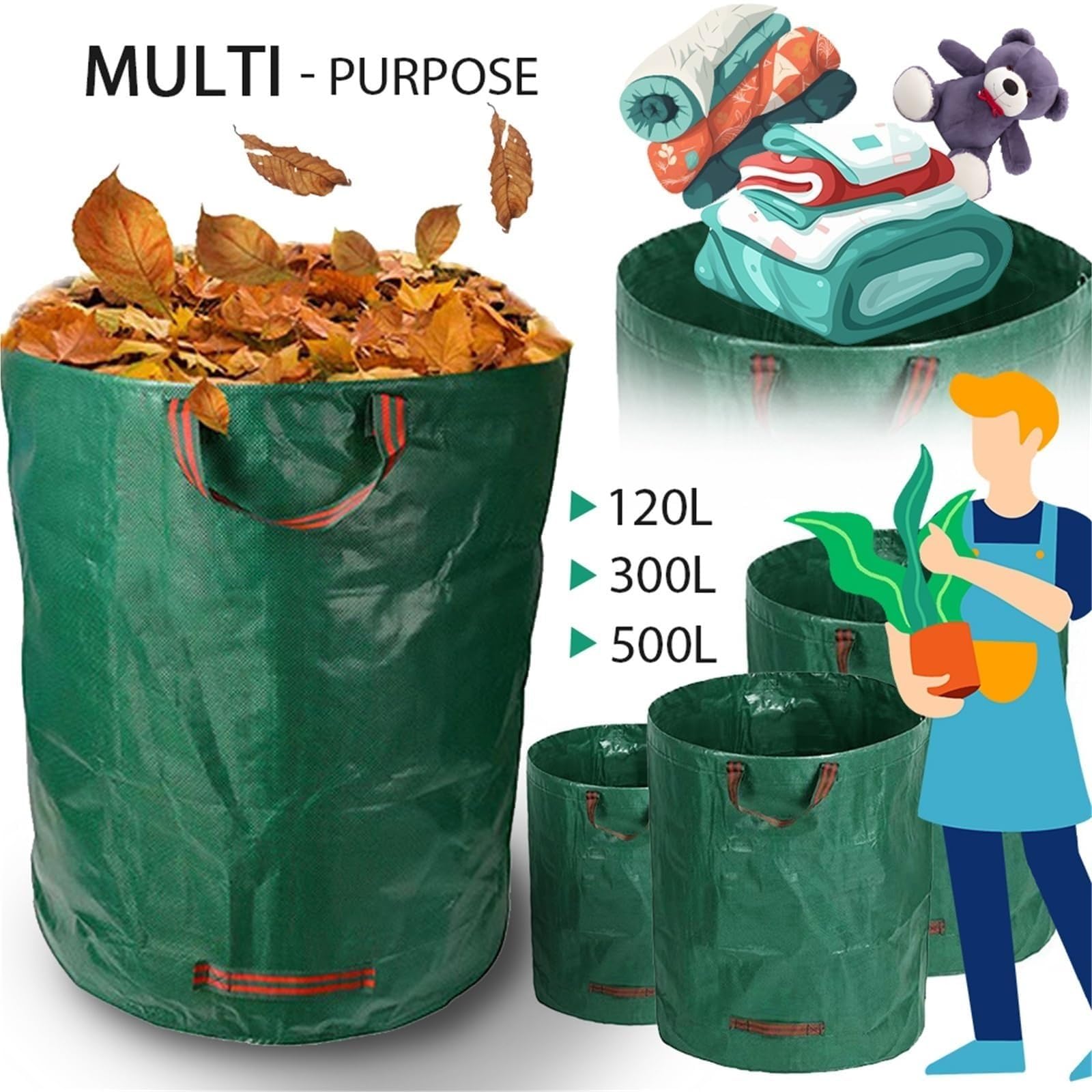 Bolsa de almacenamiento de hojas resistente, contenedor de basura de jardín de gran capacidad, impermeable, plegable, bolsa de basura para exteriores, para hojas y basura, 300 L