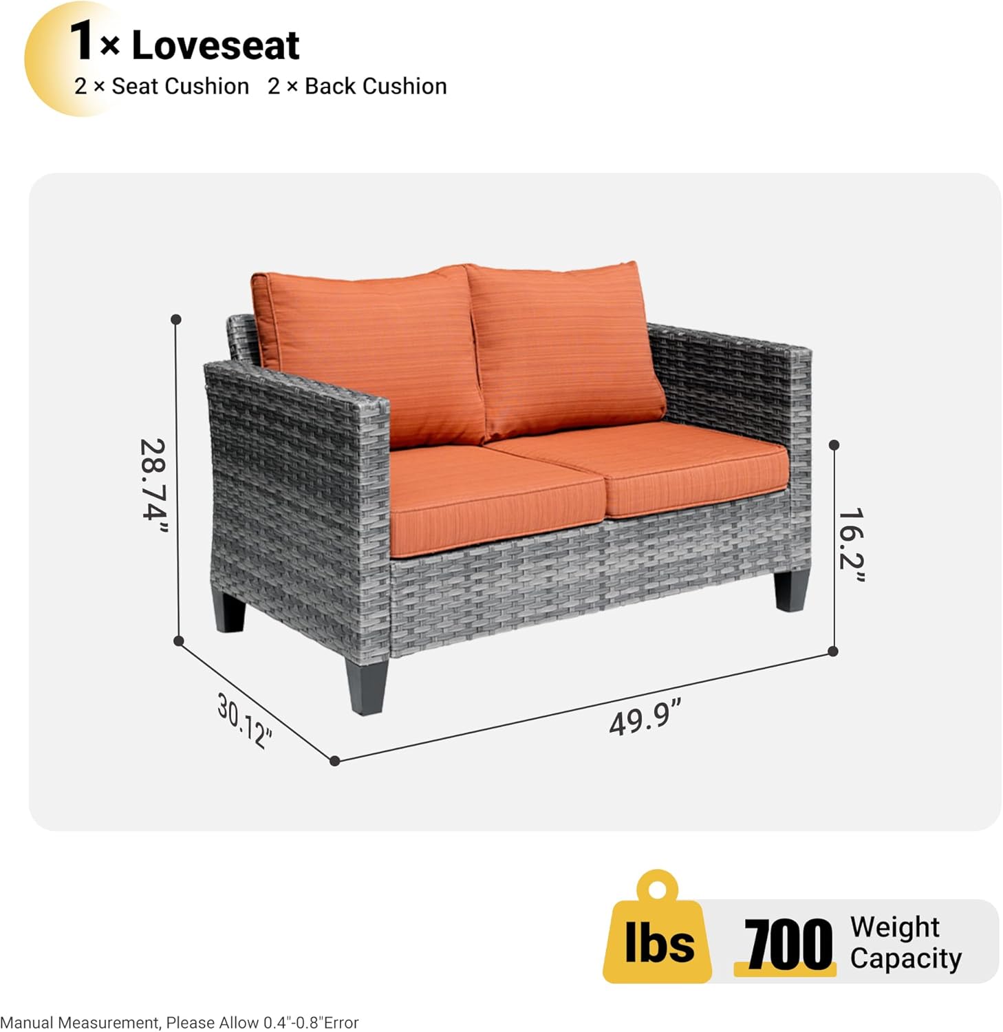 ovios Patio Loveseat, 2-Seater Outdoor Wicker Sofa Couch with Comfy Cushions, All Weather High Back Deep Seating Rattan Love Seat for Porch Deck Balcony, Orange Red
