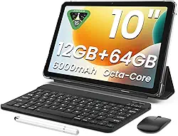 Tablet com teclado | 12 GB + armazenamento 64 (expansão para 2 TB), bateria de 6000 mAh | Widevine L1, tablet de 10,1 polegadas com Wi-Fi 5G/2,4 G | BT5.0 | certificado GMS | Mous | capa | Stylus |