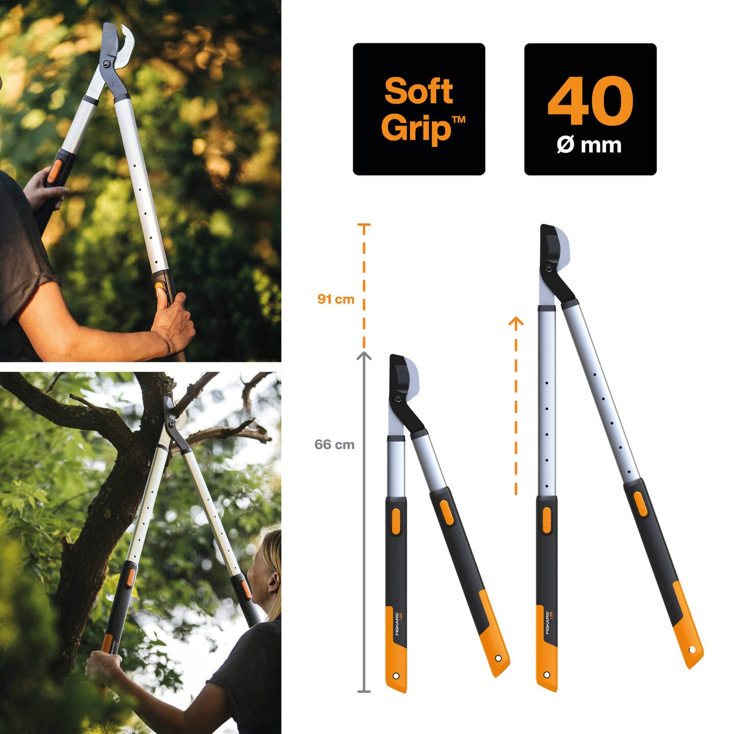 Fiskars SmartFit Bypass-Teleskop-Astschere für frisches Holz, Antihaftbeschichtet, Gehärteter Präzisionsstahl, 66-90 cm, Schwarz/Orange, L86