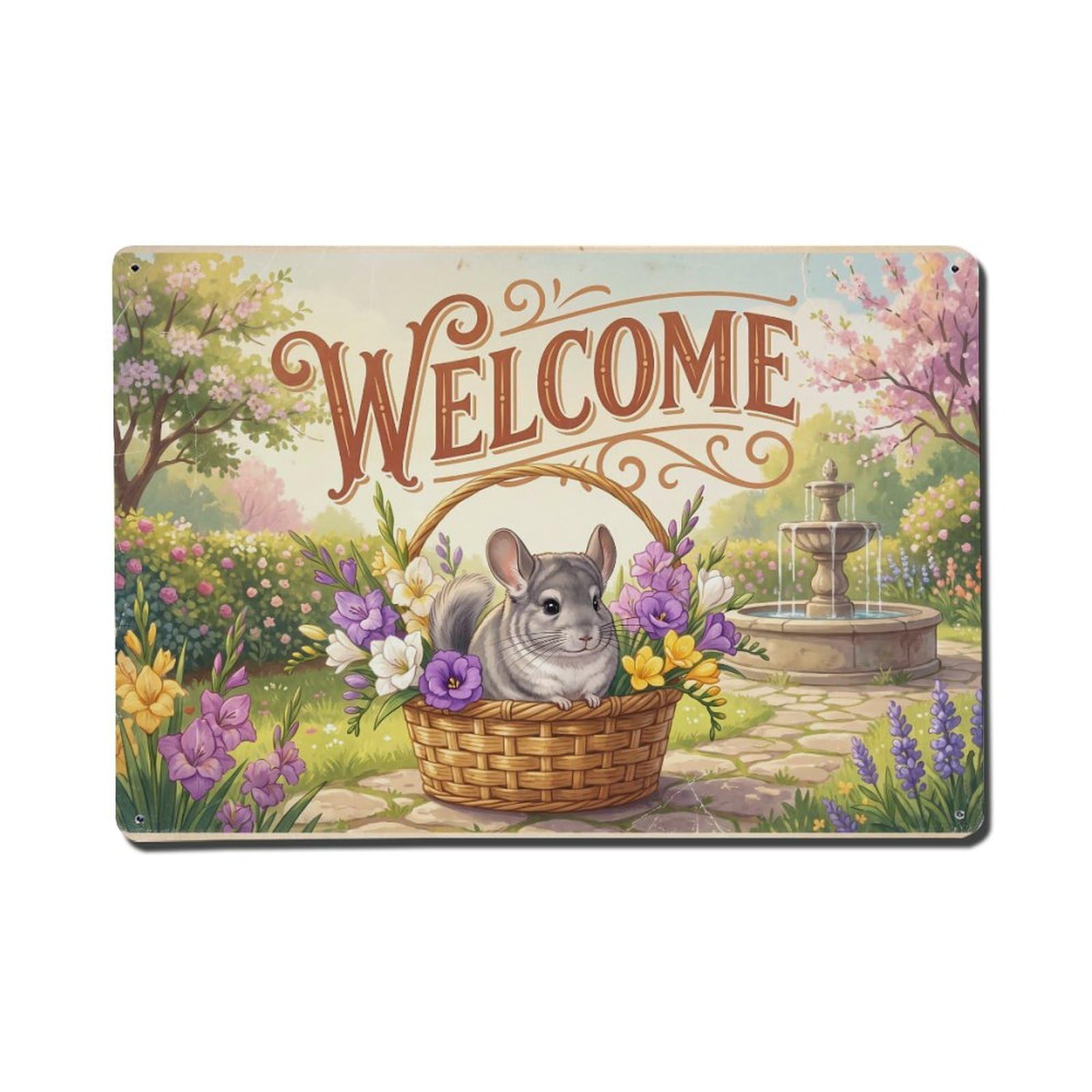 Vintage Welcome Chinchilla Fresh Blooms Metal Tin Sign
