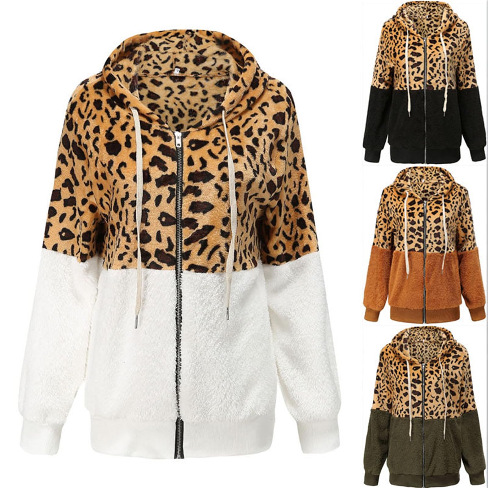 Damska flanelowa lampart nadruk patchworkowa bluza z kapturem, sztuczny polar z zamkiem błyskawicznym oversize kurtka Sherpa otwarty przód kardigan odzież wierzchnia