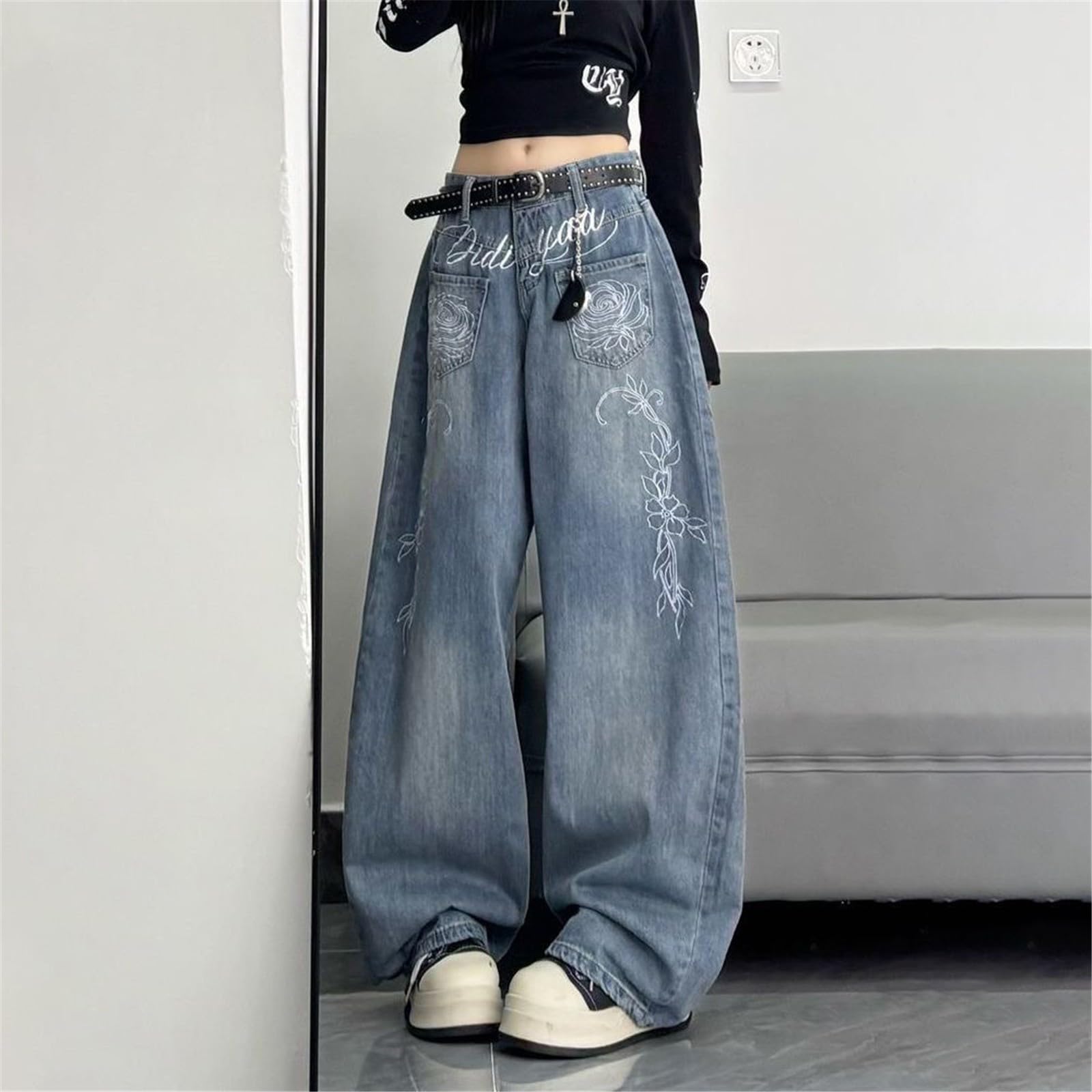Jeans Donna Leggeri a Palazzo Jeans Elasticizzati Casual Curvy Pantaloni Vita Alta Leggeri Gamba Larga Taglie Forti Pantaloni Denim Baggy Larghi Wide Leg Moda Pants con Tasche Tempo Libero Hiphop