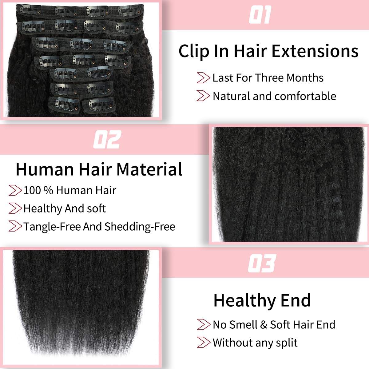 18 Inch Kinky Straight Clip in Hair Extensions Real Human Hair Yaki Straight Clip ins Full Head Brazilian Remy Human Hair Clip in Extensions for Black Women Natural Black 8Pcs 100g 20 Clips - Image 3