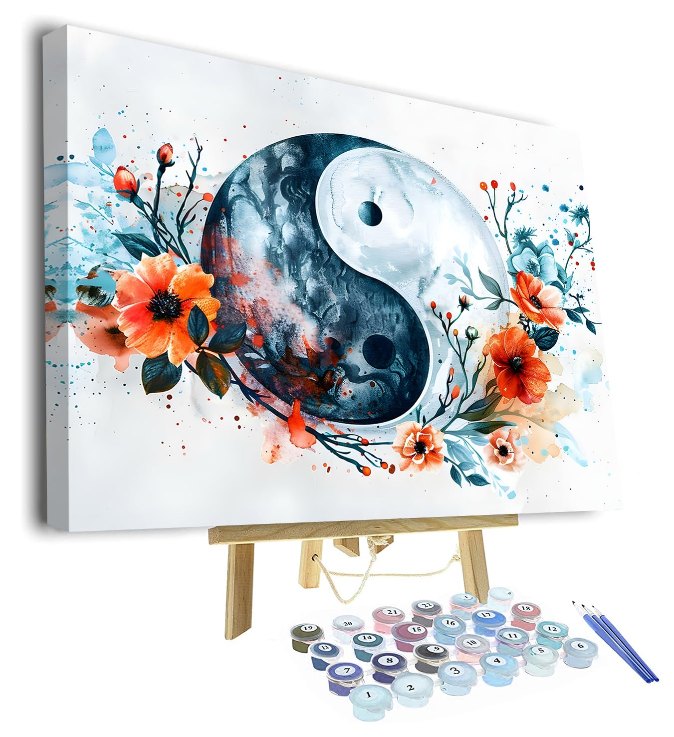 TISHIRON Paint by Numbers Kit for Adults Watercolor Yin Yang Symbol Paint by Numbers for Adults Floral Elements Painting Adult Paint by Number Kits on Canvas Oil Painting Art Crafts Framed 16x20 in