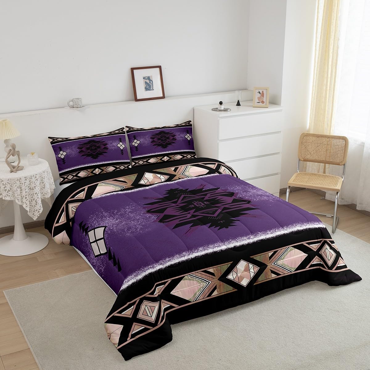 Manfei Aztec Comforter Set Queen Size, Native Tribal Navajo American Bedding Set 3pcs for Kids Boys Room Decor, Boho Abstract Geometric Quilt Set Soft Polyester Duvet Set with 2 Pillowcases