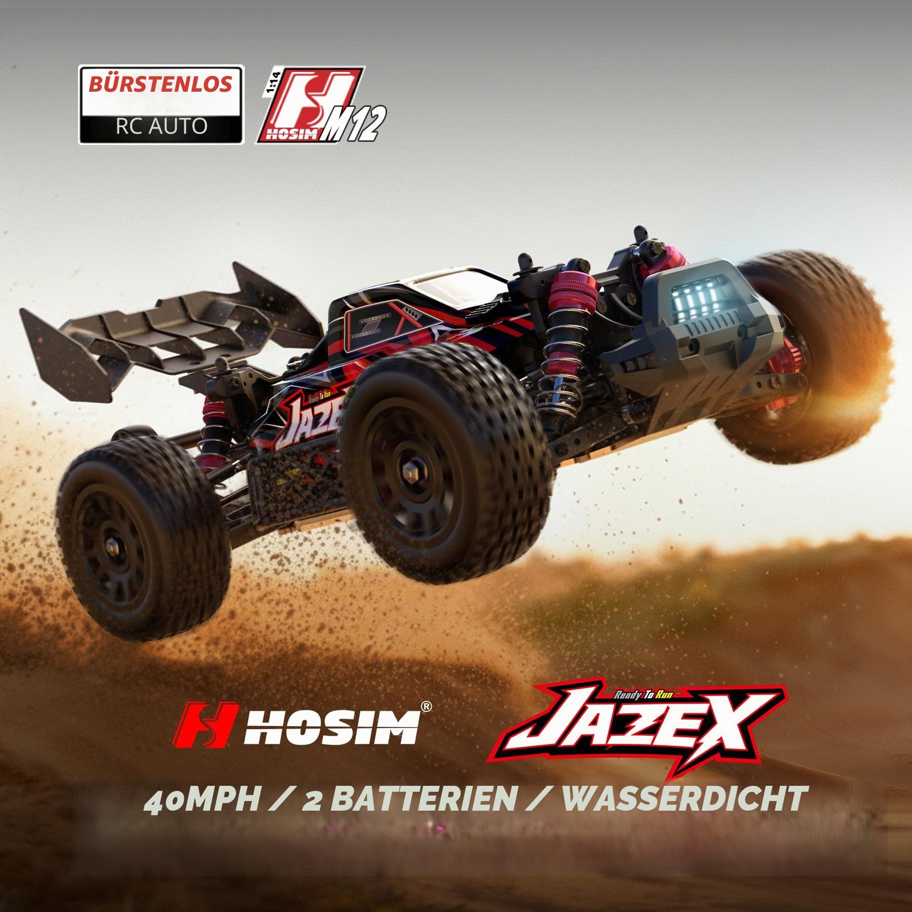 Hosim 1/14 RC Auto Ferngesteuertes Auto für Erwachsene & Kinder, 60 km/h Brushless Buggy 4WD Offroad, Wasserdichtes High-Speed RC Fahrzeug für Gelände/Sand/Schnee, Geschenk ab 8 Jahren