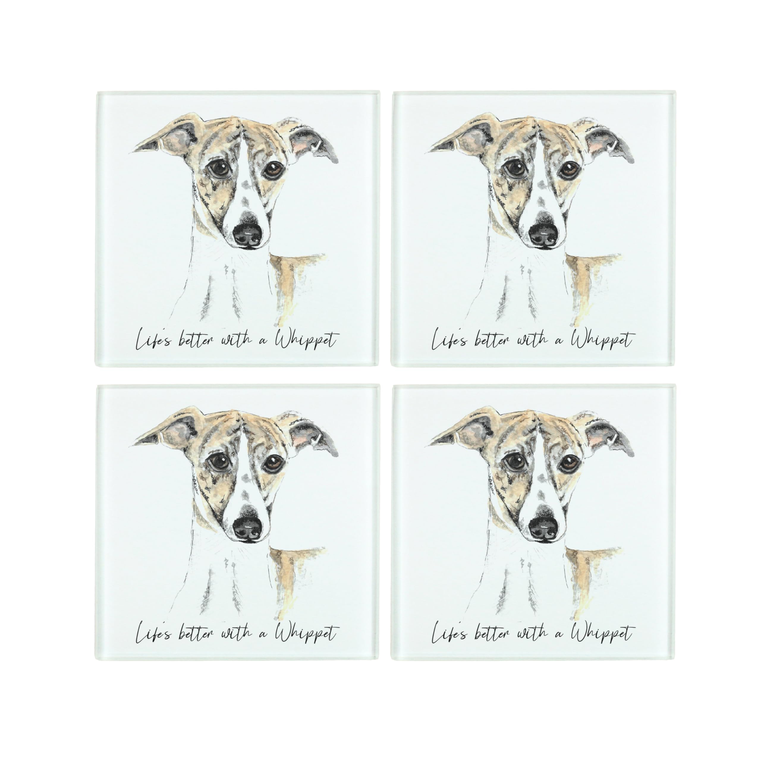 Purely Home Whippet Coaster Set - Life's Better With A Dog Gift - Square Glass Set Of Four (4) Coasters
