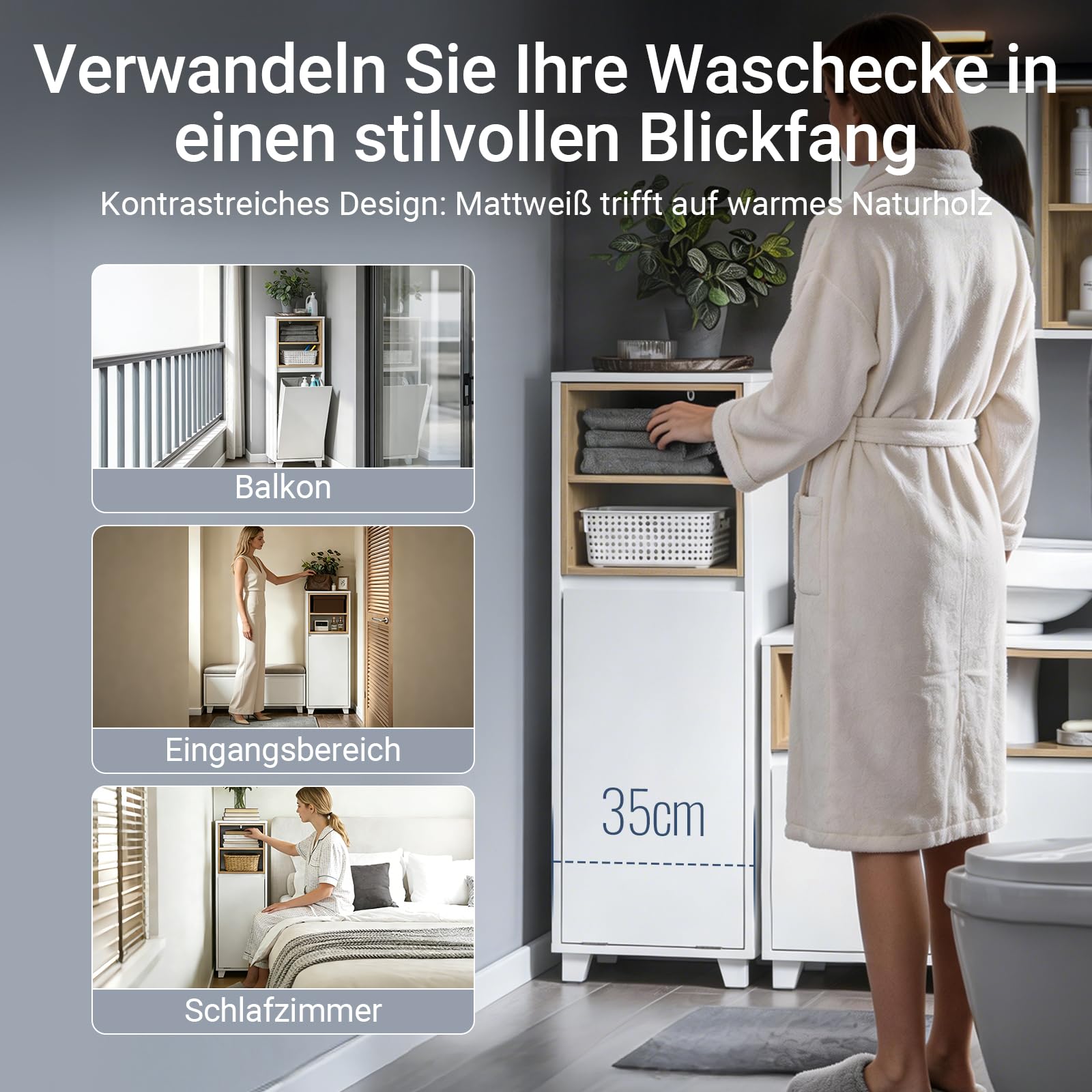 SoBuy Badezimmerschrank mit Wäschekorb für Badezimmer, 35x105x30 cm Weiß | Schmaler Wäscheschrank mit ausklappbarem Wäschesack & 2 offenen Fächern – Badmöbel aus Holz, BZR146-W
