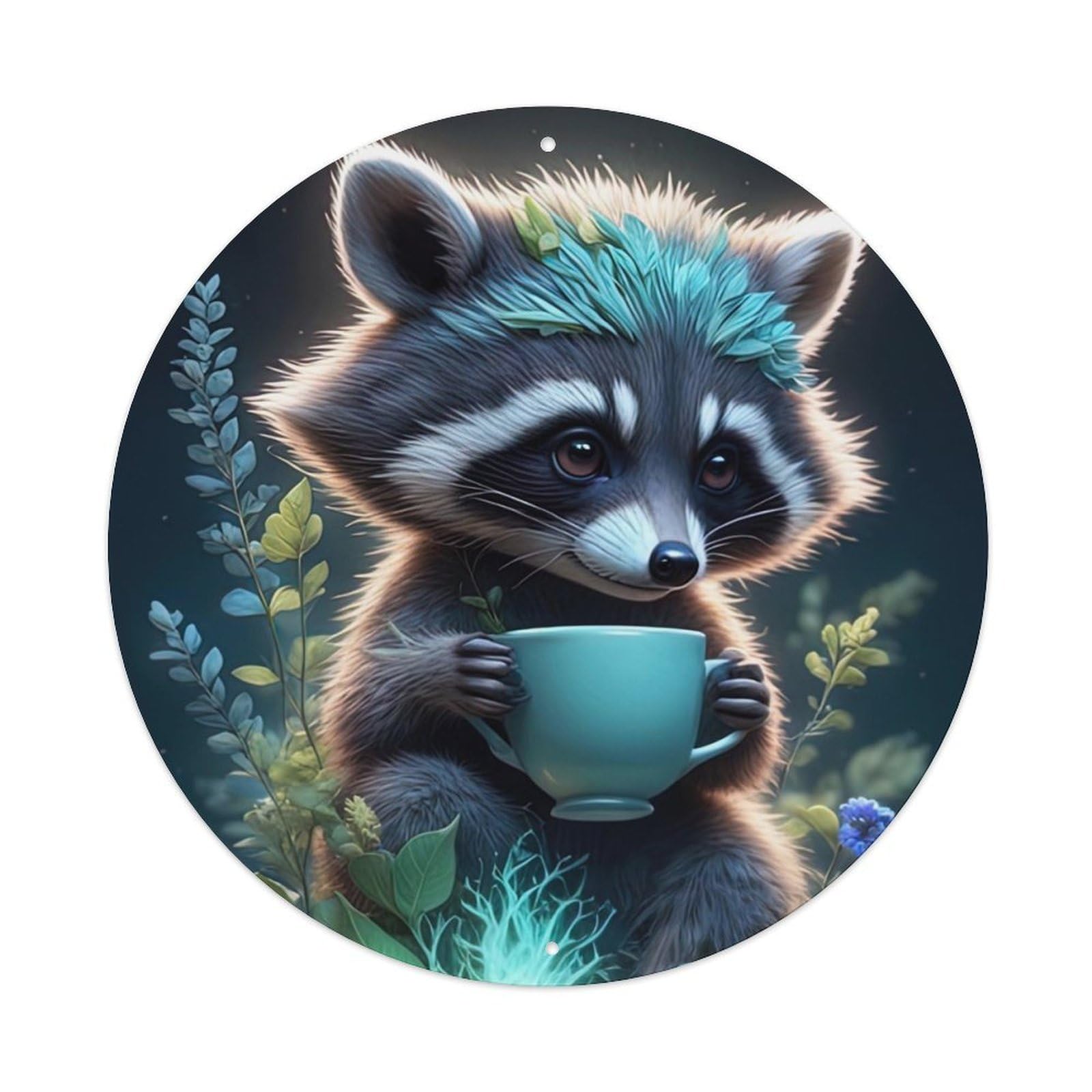 Wildlife Artwork Little Raccoon Holding Cup Metal Tin Sign
