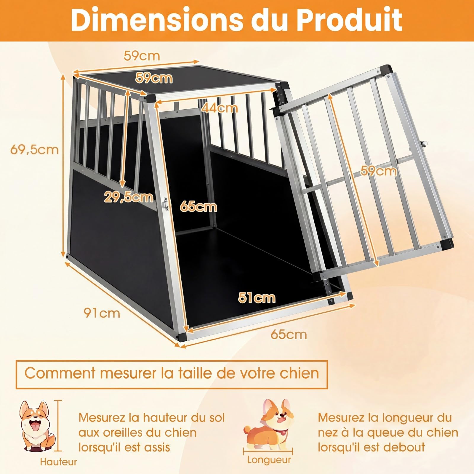 COSTWAY Caisse de Transport pour Chien en Aluminium, Porte Fermeture Sécurisée, Cage Chien Voiture Trapézoïdal, Cage Anti-Morsure pour Chiots Petites Moyens pour Camping et Camion (91 x 65 x 69,5 cm)