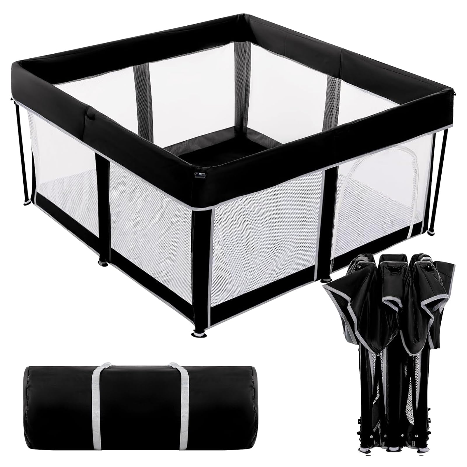 cosyumhy 127 x 127 cm Foldable Baby Playpen,Portable Playpen with Door, Indoor/Outdoor Activity Center for Infants,Black