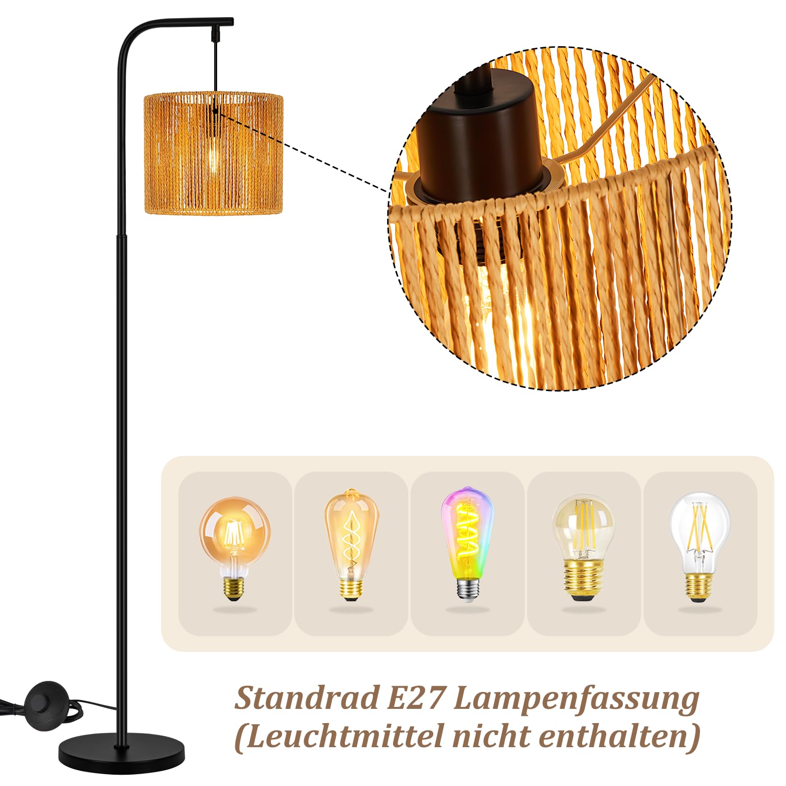 Stehlampe Rattan Boho Stehleuchte Stehlampe Wohnzimmer E27 | Standleuchte Vintage 1 Flammig 164cm Standlampe Schwarz Fußschalter Für Schlafzimmer Terrasse Büro